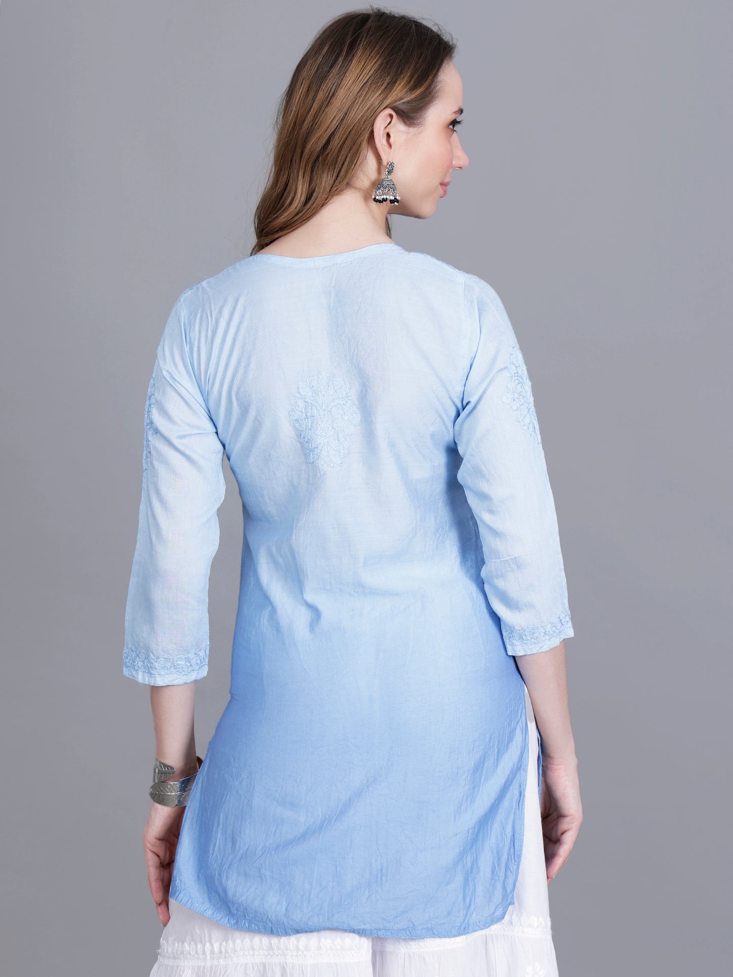 The Chikankari Story Women’s Hand-Embroidered Chanderi Chikankari Short Kurti – 3/4 Sleeve Straight Fit with Bakhhiya Work in Lilac, Pink, Grey, Powder Blue, Brown & Fire Red.