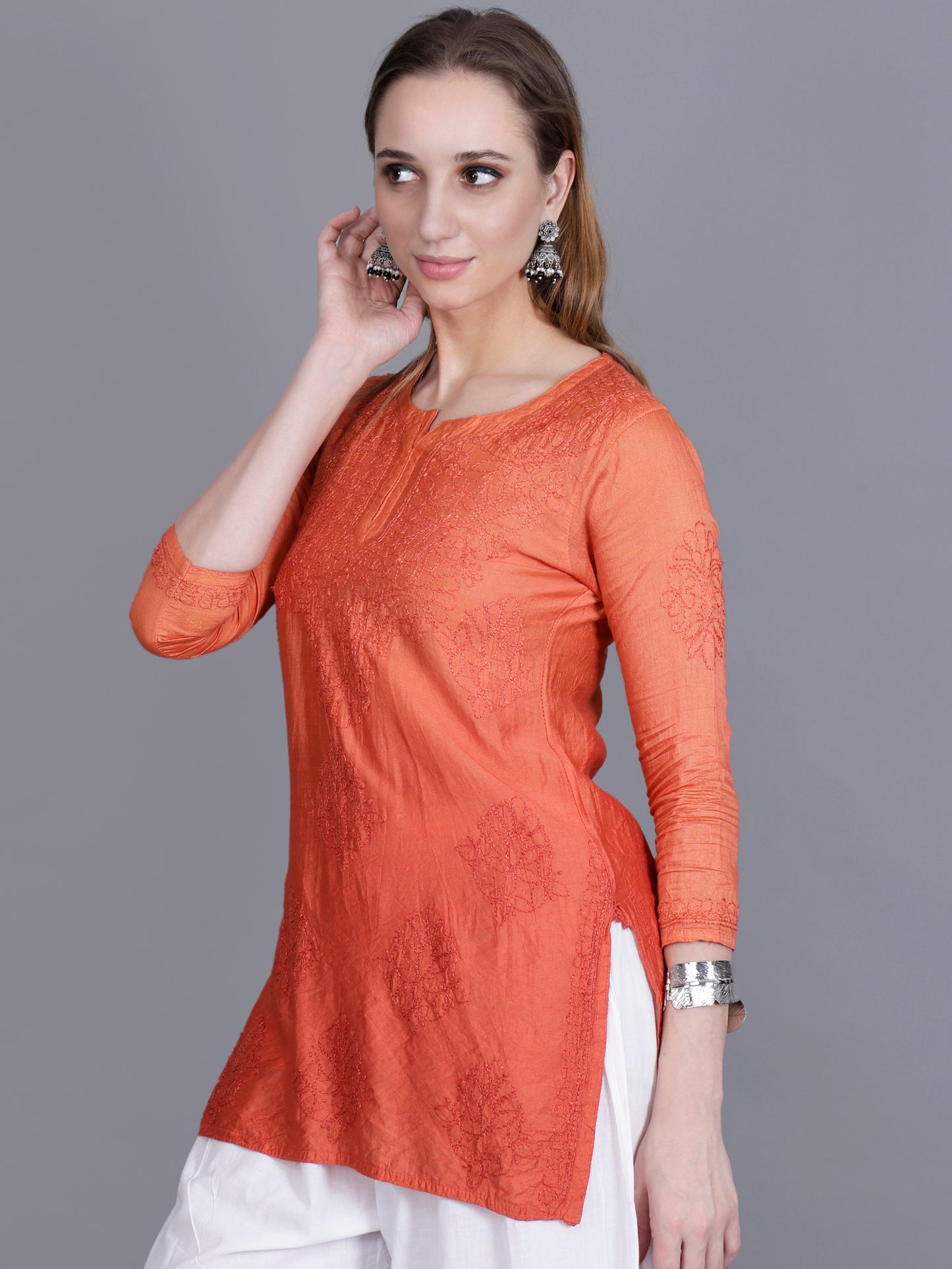 The Chikankari Story Women’s Hand-Embroidered Chanderi Chikankari Short Kurti – 3/4 Sleeve Straight Fit with Bakhhiya Work in Lilac, Pink, Grey, Powder Blue, Brown & Fire Red.