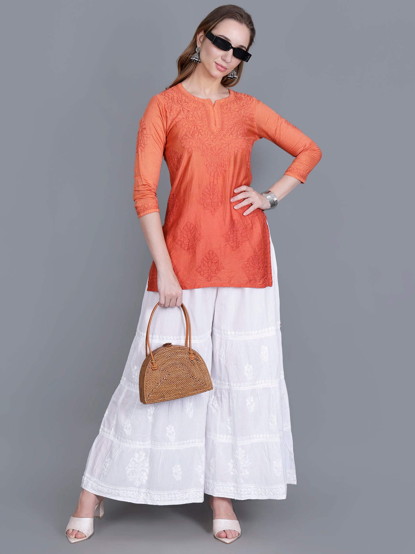 The Chikankari Story Women’s Hand-Embroidered Chanderi Chikankari Short Kurti – 3/4 Sleeve Straight Fit with Bakhhiya Work in Lilac, Pink, Grey, Powder Blue, Brown & Fire Red.