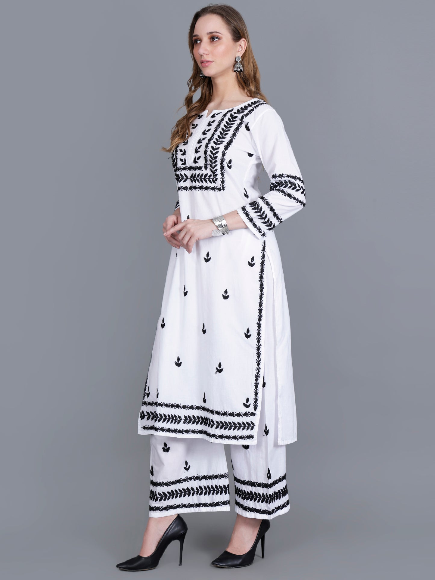 The Chikankari Story Women’s White Hand-Embroidered Kurta Set with Black Lucknowi Work – Straight Fit Kurta & Palazzo.