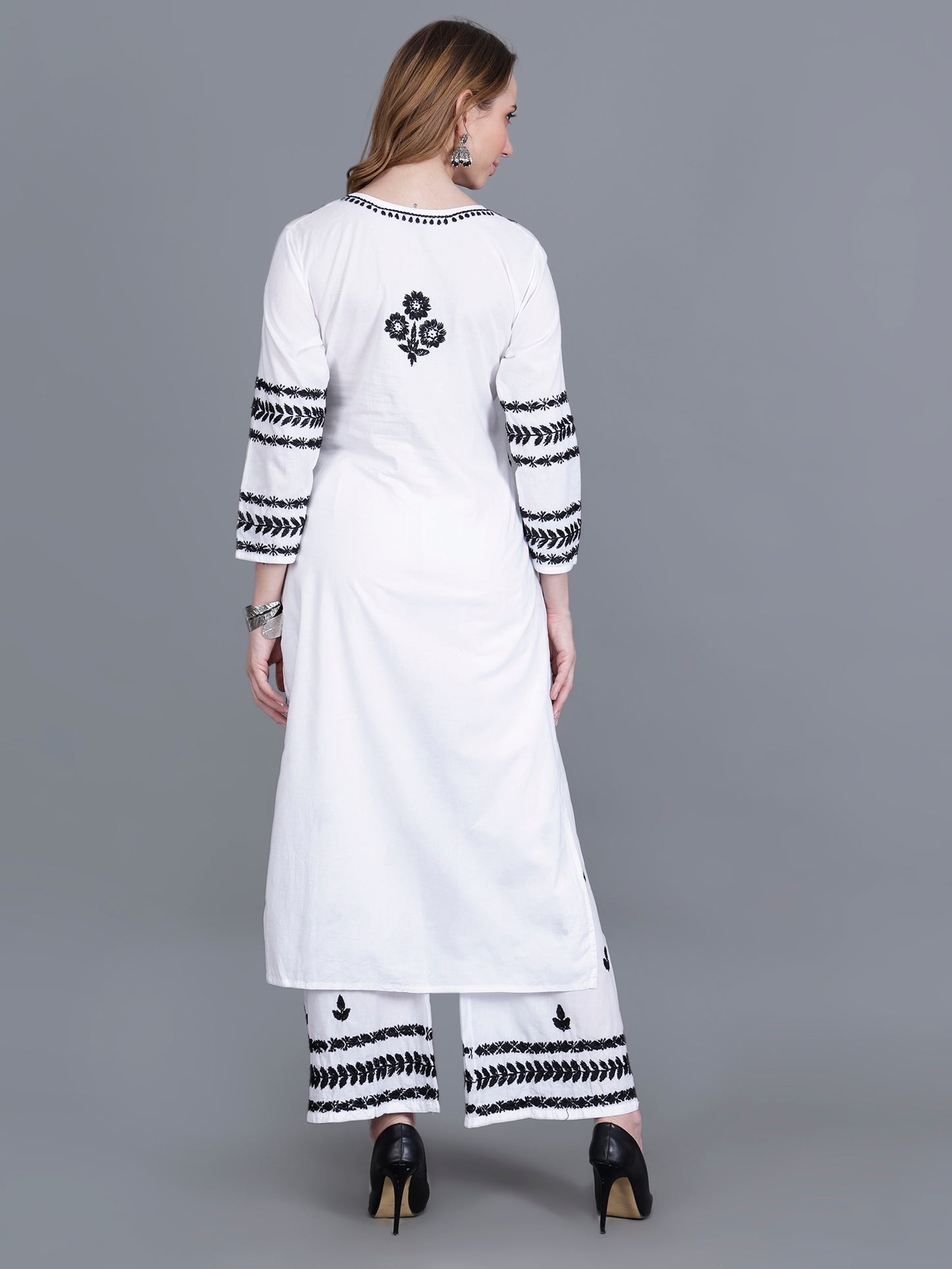 The Chikankari Story Women’s White Hand-Embroidered Kurta Set with Black Lucknowi Work – Straight Fit Kurta & Palazzo.