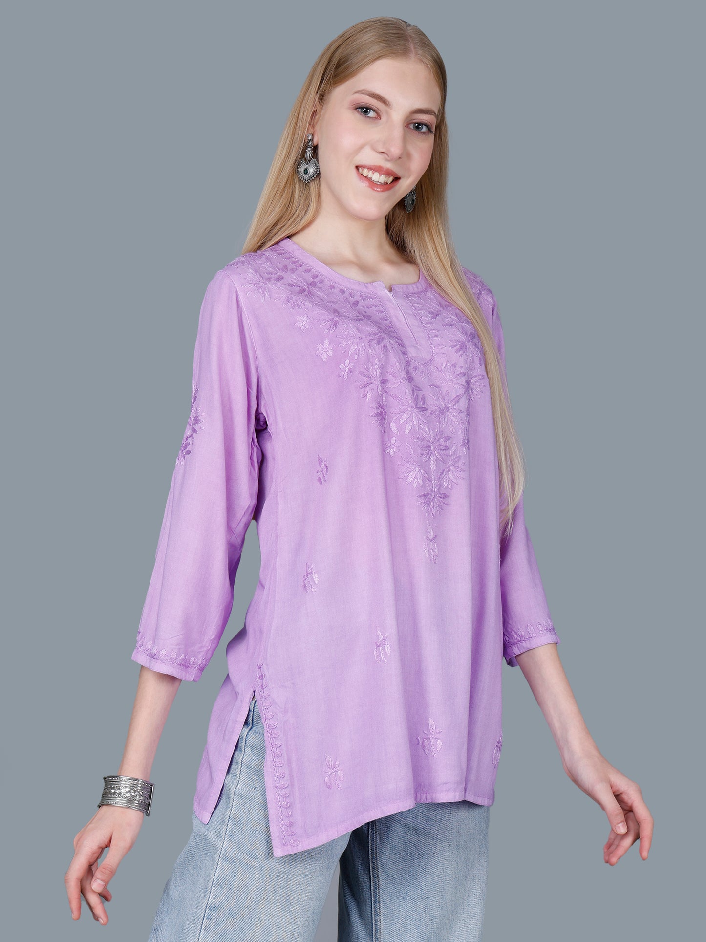 The Chikankari Story Women’s Lucknowi Hand-Embroidered Rayon Short Kurti – Available in Purple, Yellow, Brown,Blue, Pink and Black.