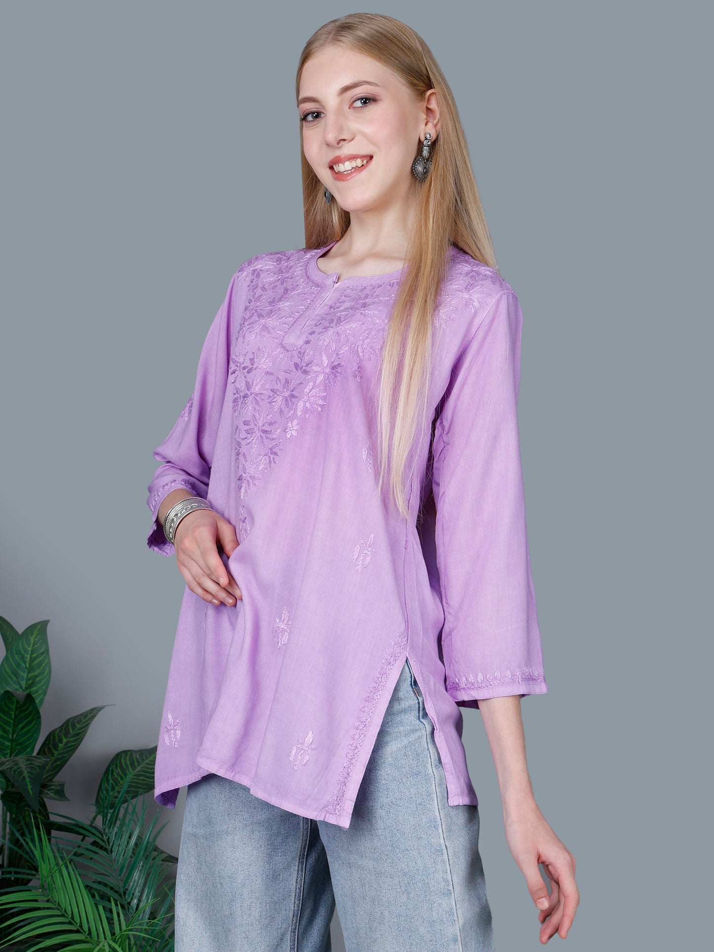 The Chikankari Story Women’s Lucknowi Hand-Embroidered Rayon Short Kurti – Available in Purple, Yellow, Brown,Blue, Pink and Black.