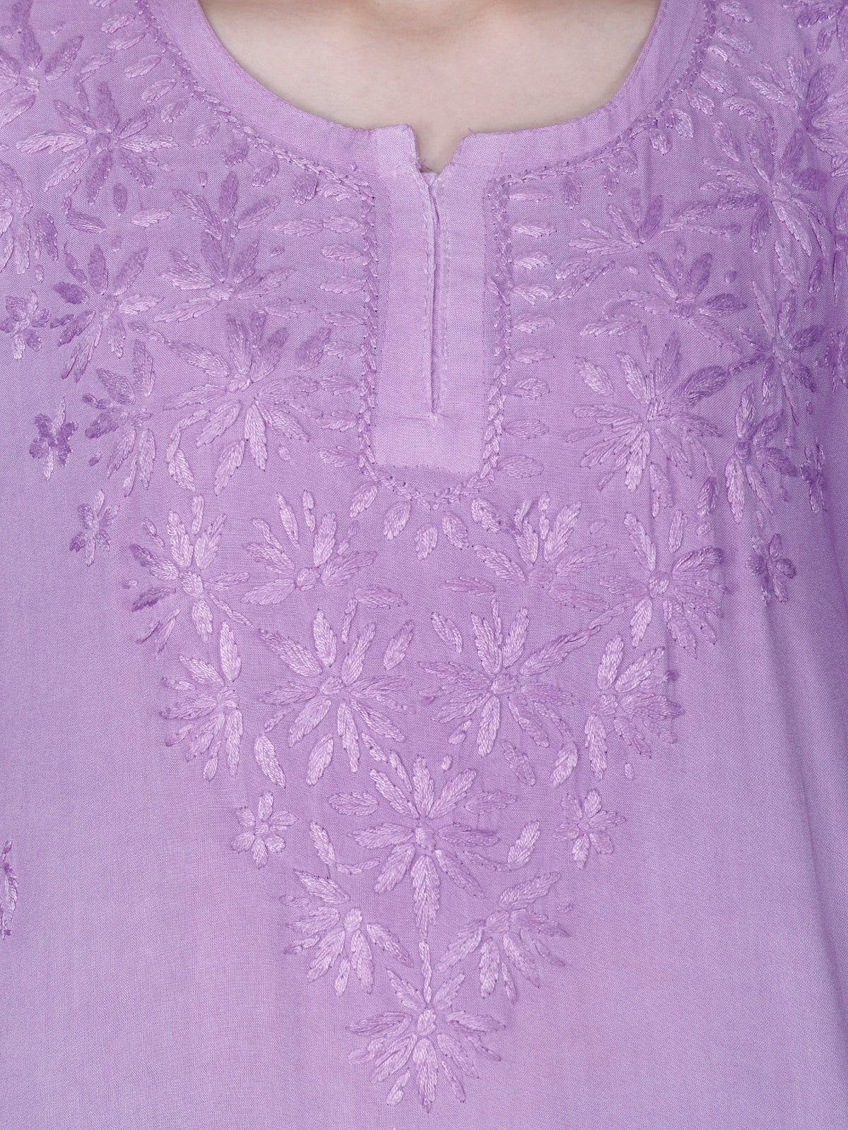 The Chikankari Story Women’s Lucknowi Hand-Embroidered Rayon Short Kurti – Available in Purple, Yellow, Brown,Blue, Pink and Black.