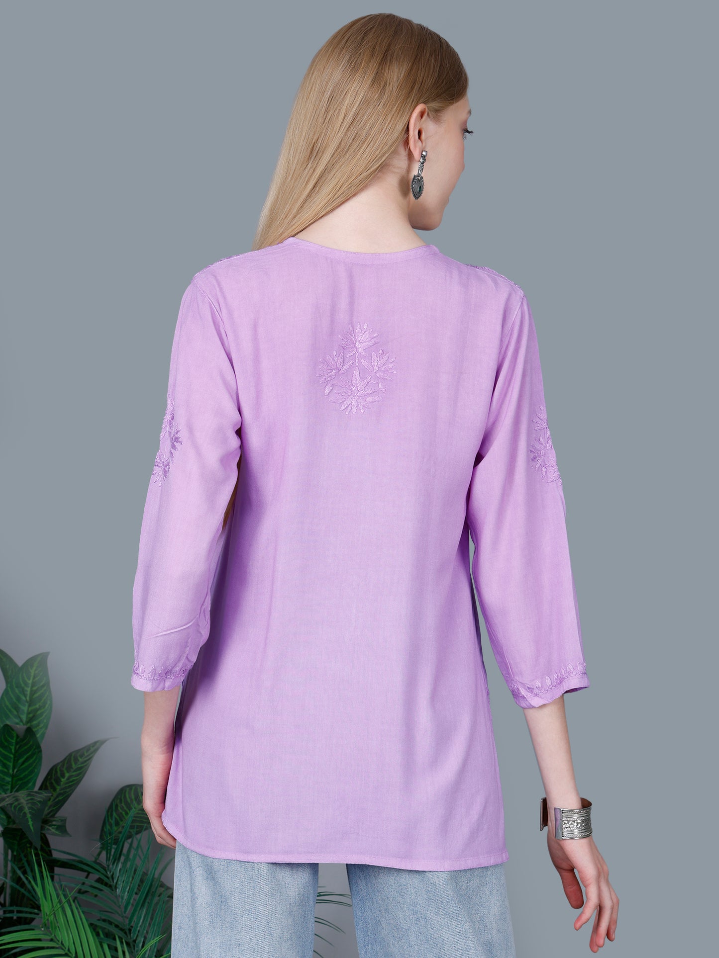 The Chikankari Story Women’s Lucknowi Hand-Embroidered Rayon Short Kurti – Available in Purple, Yellow, Brown,Blue, Pink and Black.