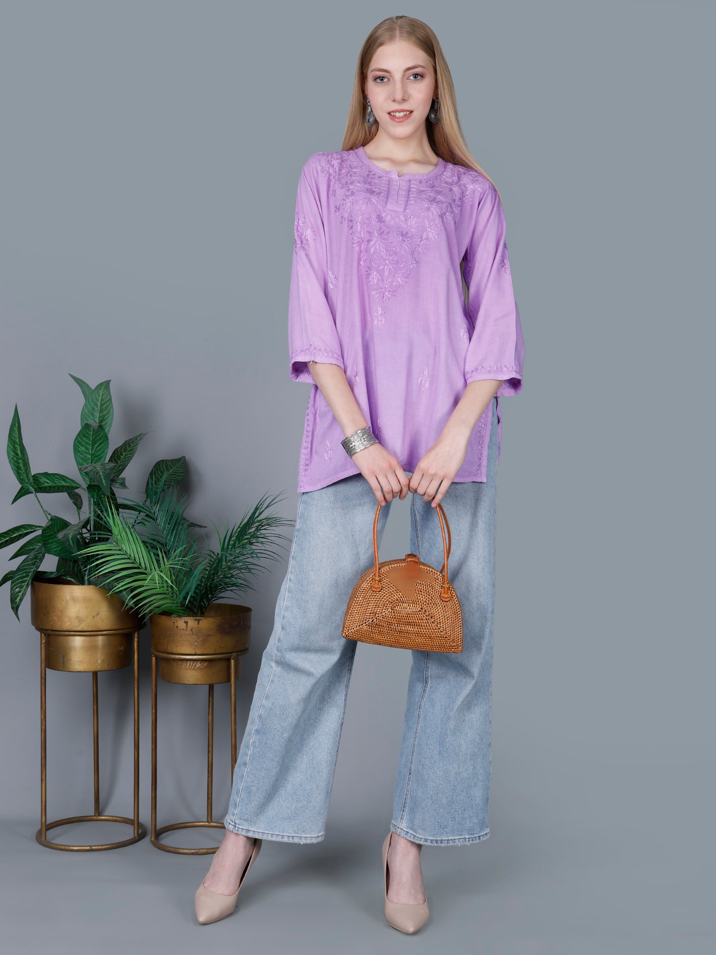 The Chikankari Story Women’s Lucknowi Hand-Embroidered Rayon Short Kurti – Available in Purple, Yellow, Brown,Blue, Pink and Black.