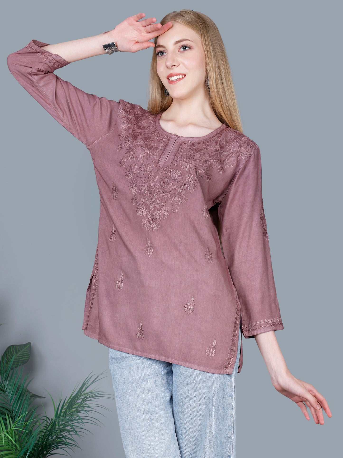 The Chikankari Story Women’s Lucknowi Hand-Embroidered Rayon Short Kurti – Available in Purple, Yellow, Brown,Blue, Pink and Black.