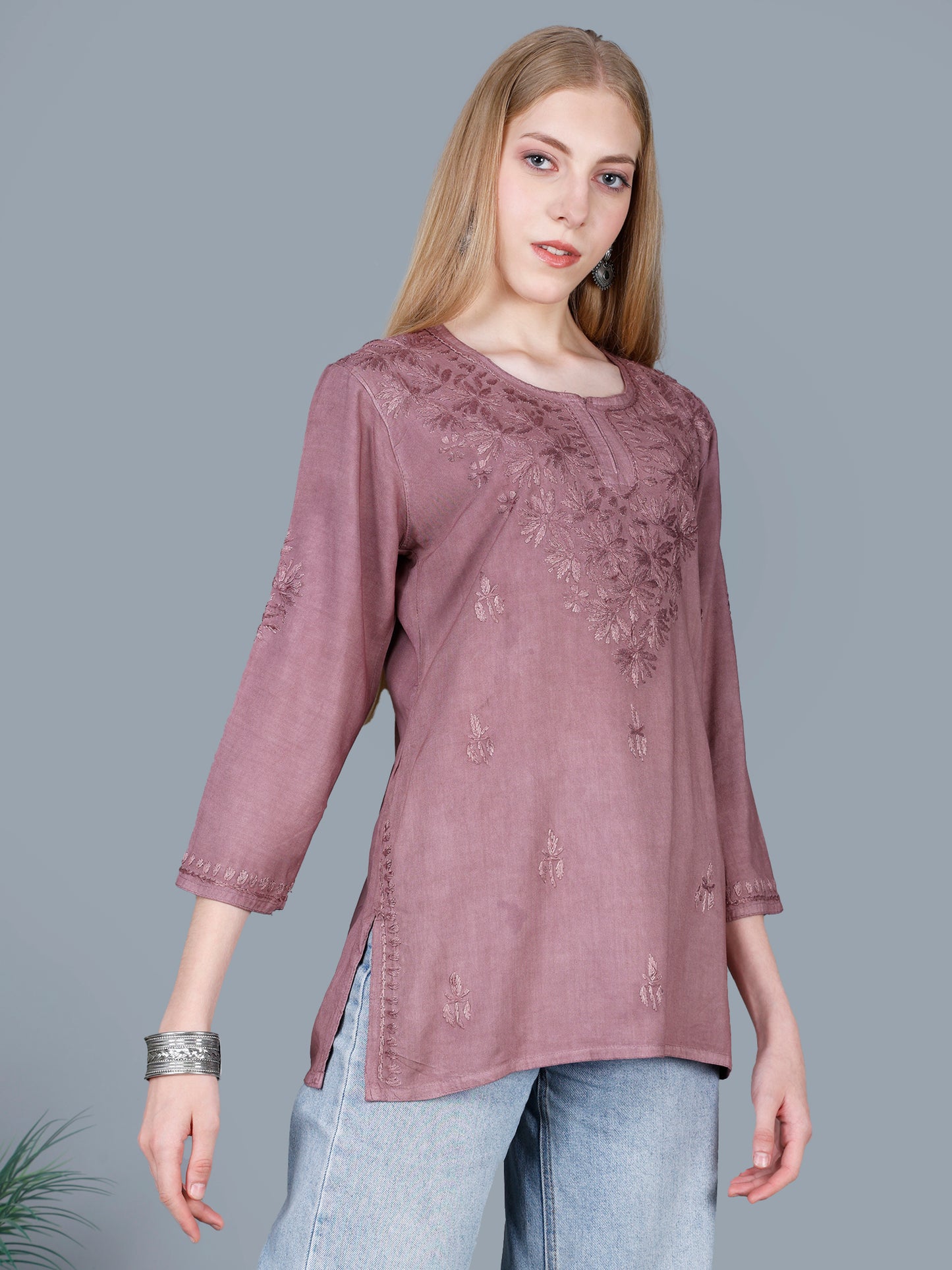 The Chikankari Story Women’s Lucknowi Hand-Embroidered Rayon Short Kurti – Available in Purple, Yellow, Brown,Blue, Pink and Black.