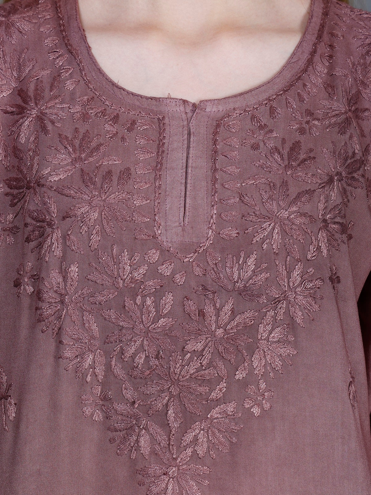 The Chikankari Story Women’s Lucknowi Hand-Embroidered Rayon Short Kurti – Available in Purple, Yellow, Brown,Blue, Pink and Black.