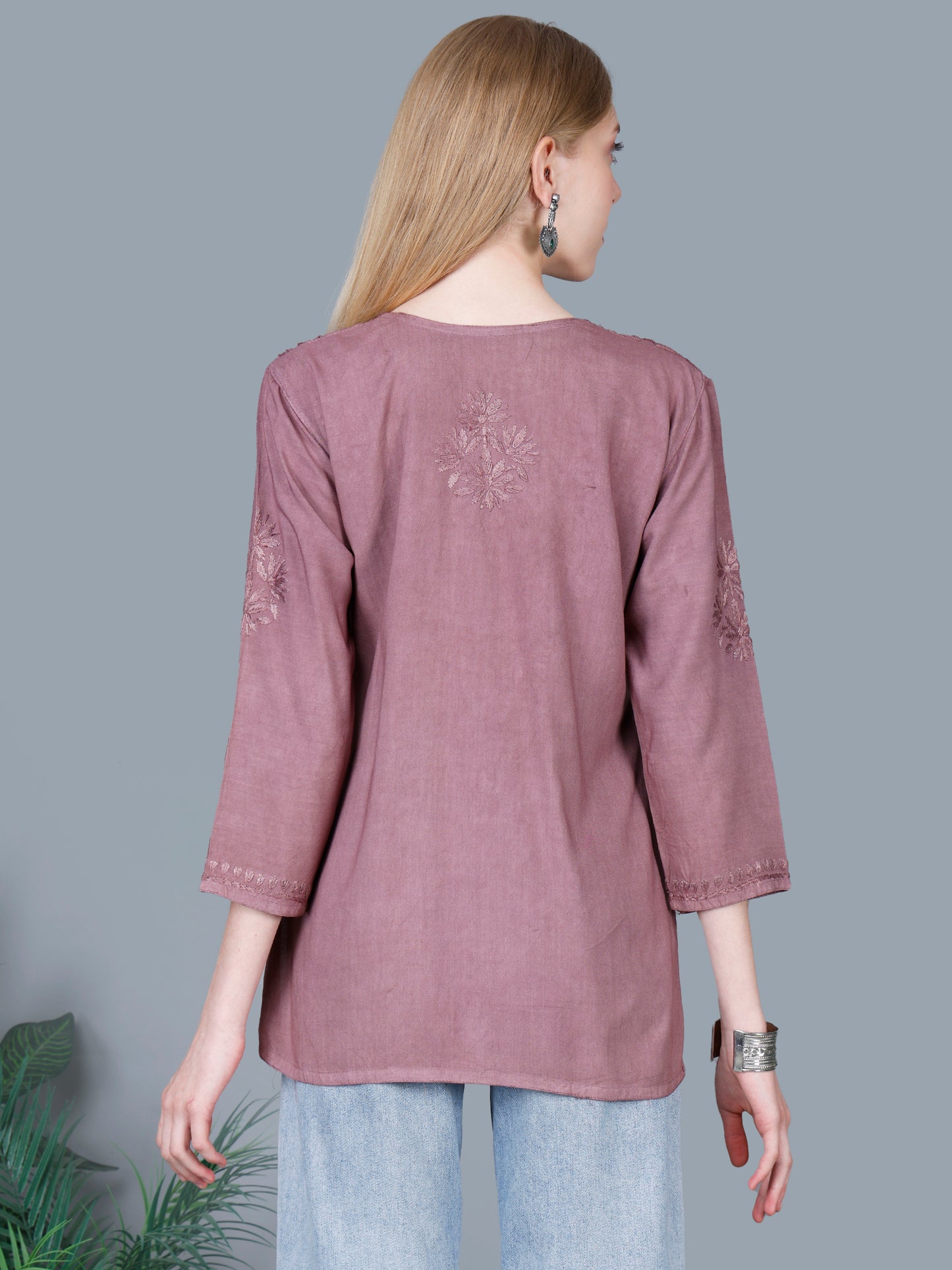 The Chikankari Story Women’s Lucknowi Hand-Embroidered Rayon Short Kurti – Available in Purple, Yellow, Brown,Blue, Pink and Black.