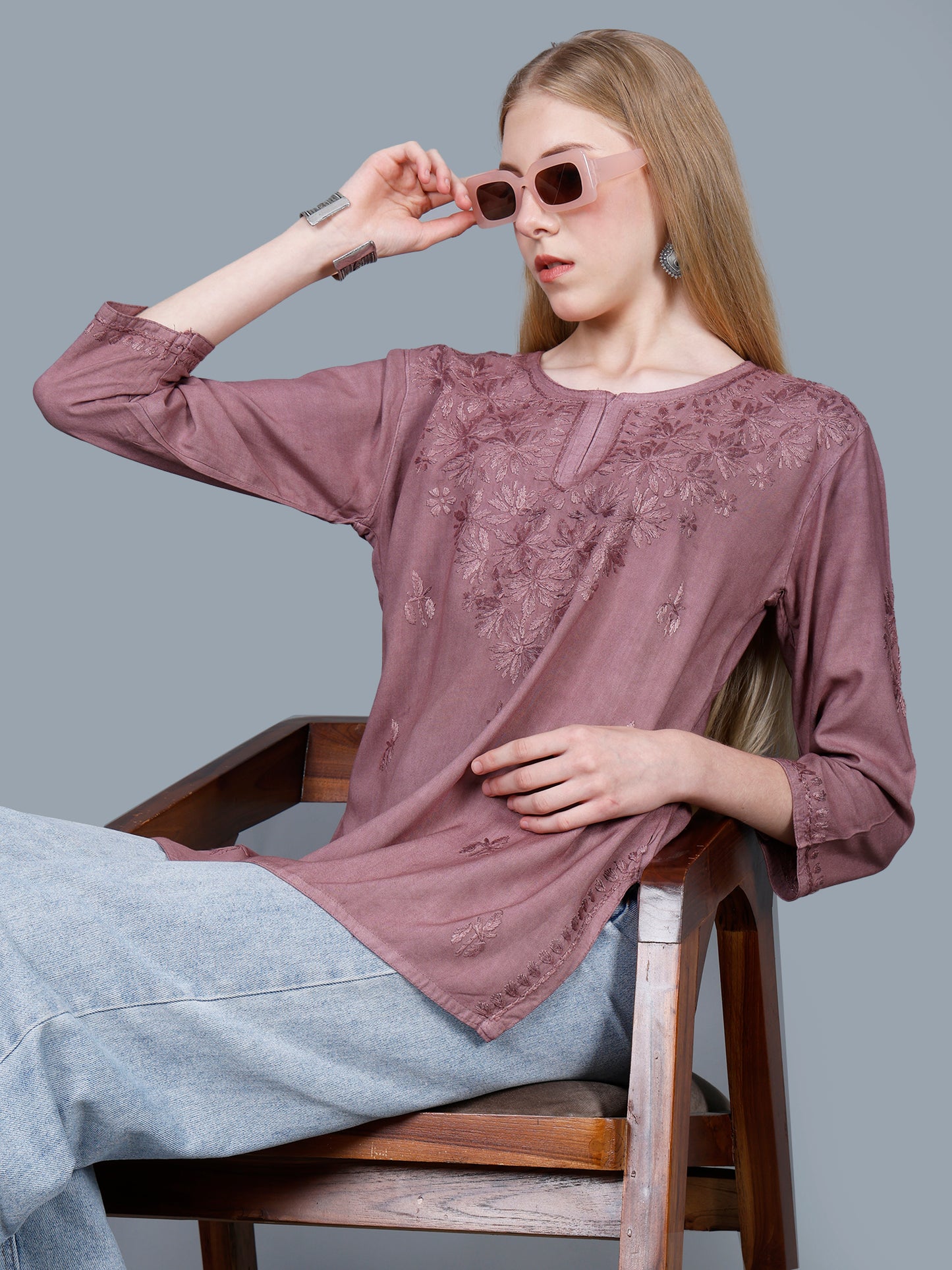 The Chikankari Story Women’s Lucknowi Hand-Embroidered Rayon Short Kurti – Available in Purple, Yellow, Brown,Blue, Pink and Black.