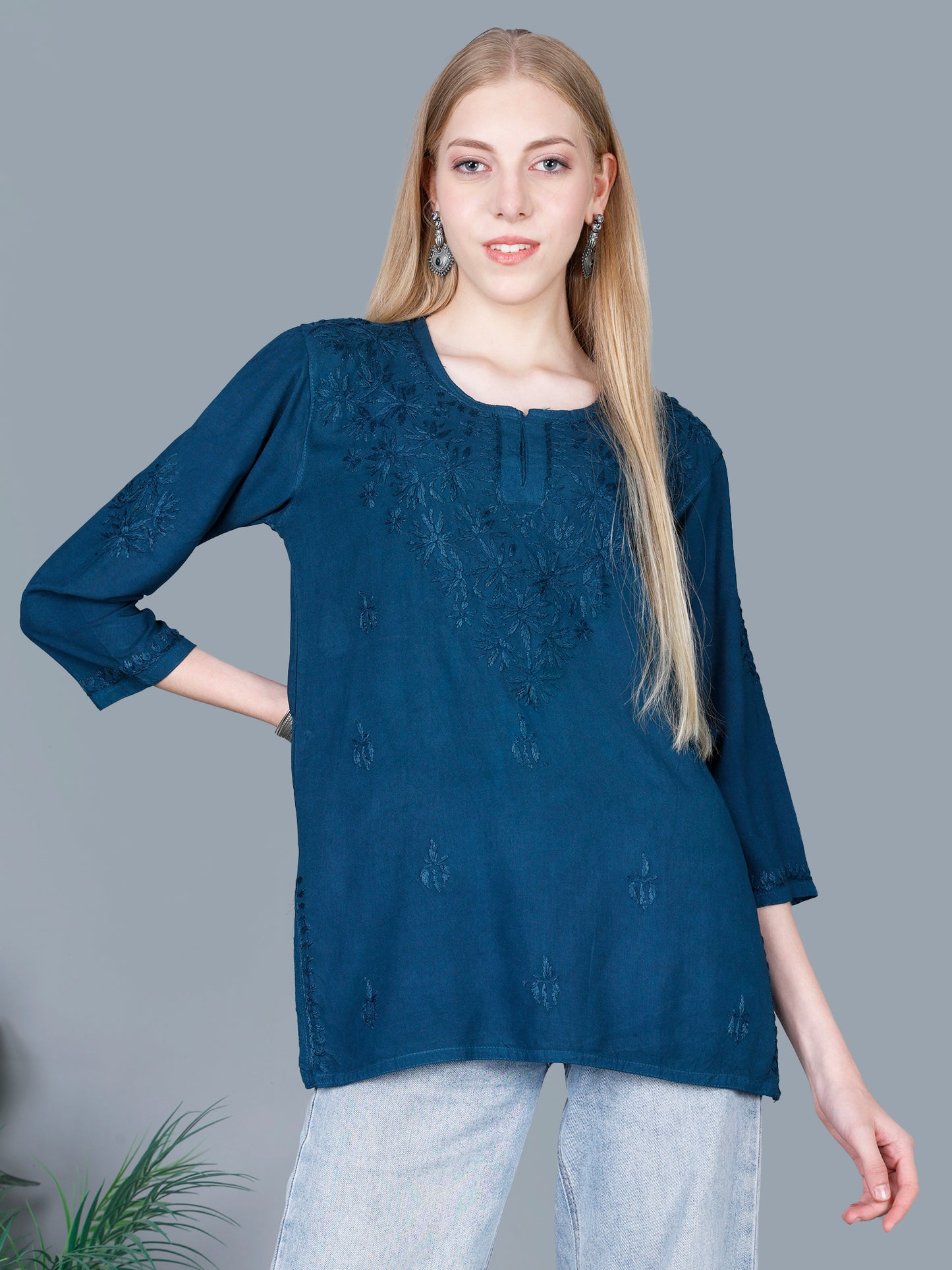 The Chikankari Story Women’s Lucknowi Hand-Embroidered Rayon Short Kurti – Available in Purple, Yellow, Brown,Blue, Pink and Black.