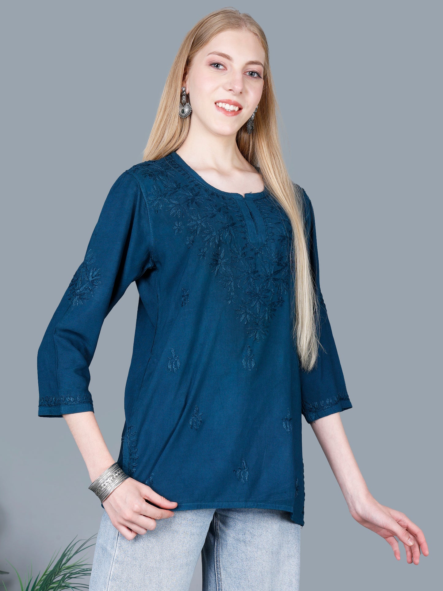 The Chikankari Story Women’s Lucknowi Hand-Embroidered Rayon Short Kurti – Available in Purple, Yellow, Brown,Blue, Pink and Black.