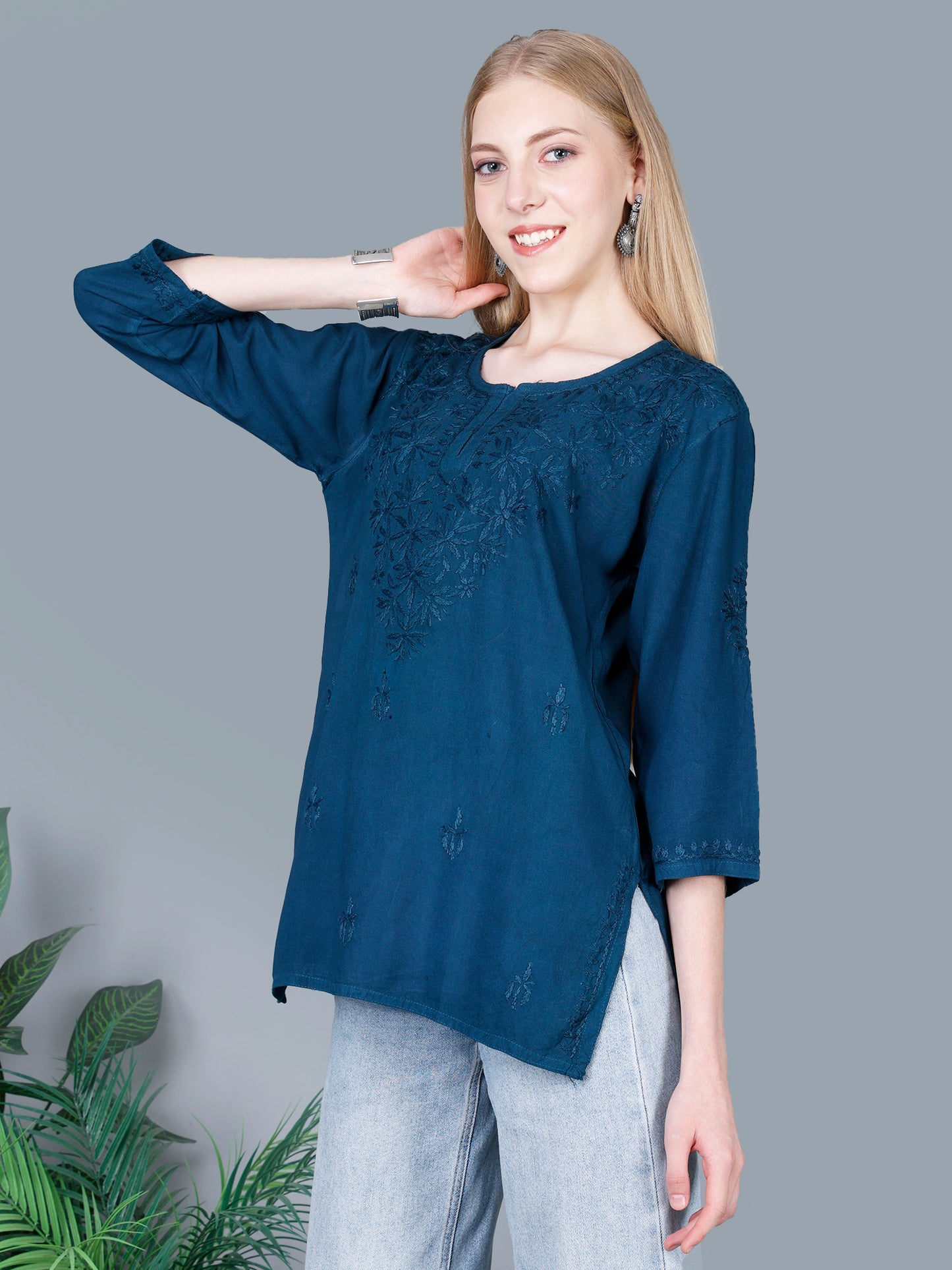 The Chikankari Story Women’s Lucknowi Hand-Embroidered Rayon Short Kurti – Available in Purple, Yellow, Brown,Blue, Pink and Black.