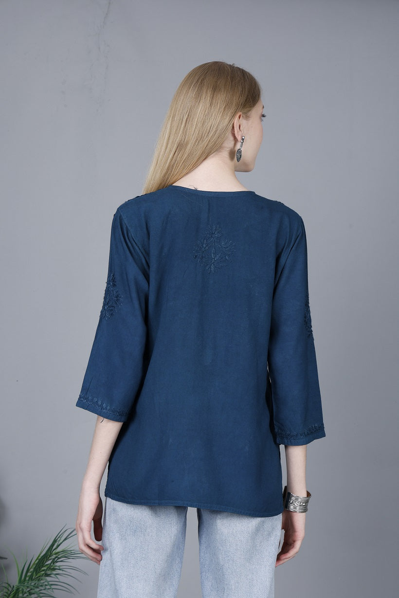 The Chikankari Story Women’s Lucknowi Hand-Embroidered Rayon Short Kurti – Available in Purple, Yellow, Brown,Blue, Pink and Black.