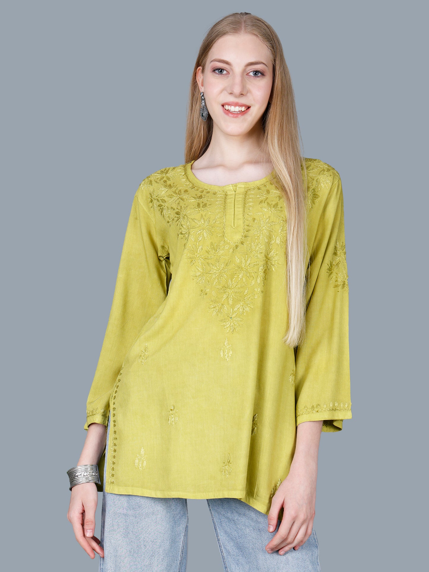 The Chikankari Story Women’s Lucknowi Hand-Embroidered Rayon Short Kurti – Available in Purple, Yellow, Brown,Blue, Pink and Black.