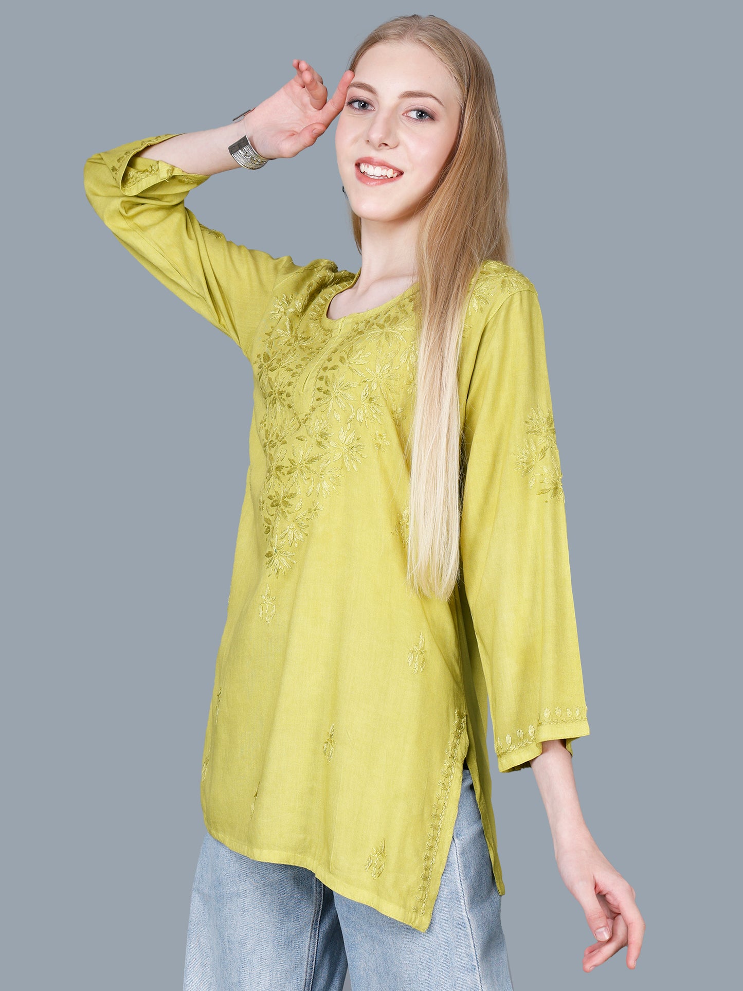 The Chikankari Story Women’s Lucknowi Hand-Embroidered Rayon Short Kurti – Available in Purple, Yellow, Brown,Blue, Pink and Black.