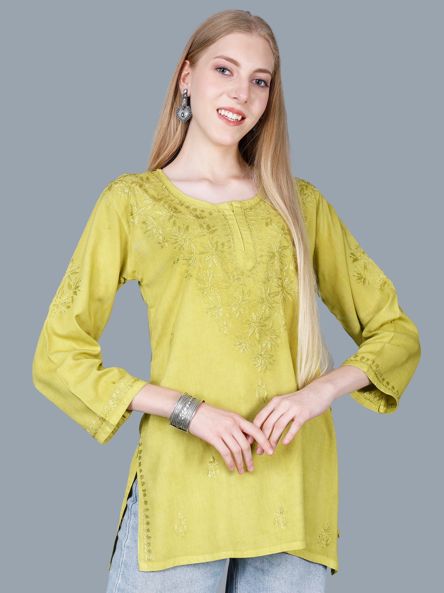 The Chikankari Story Women’s Lucknowi Hand-Embroidered Rayon Short Kurti – Available in Purple, Yellow, Brown,Blue, Pink and Black.