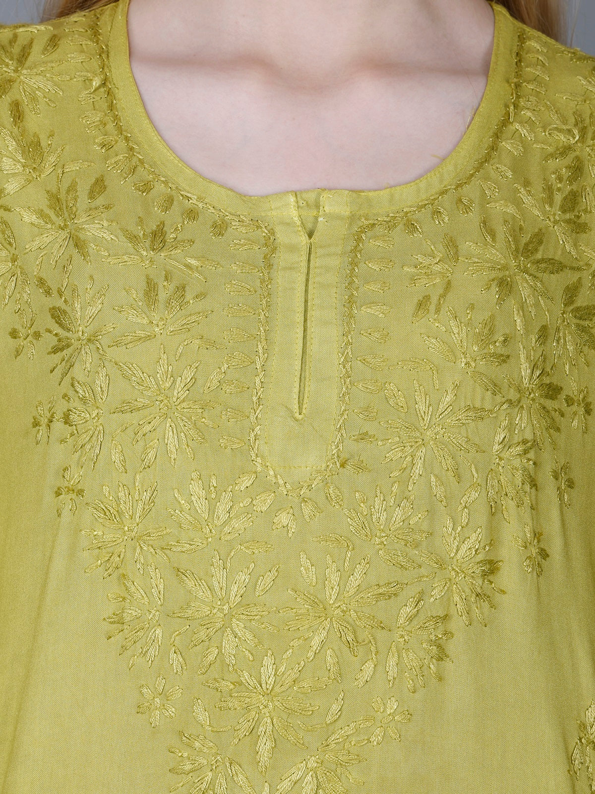 The Chikankari Story Women’s Lucknowi Hand-Embroidered Rayon Short Kurti – Available in Purple, Yellow, Brown,Blue, Pink and Black.