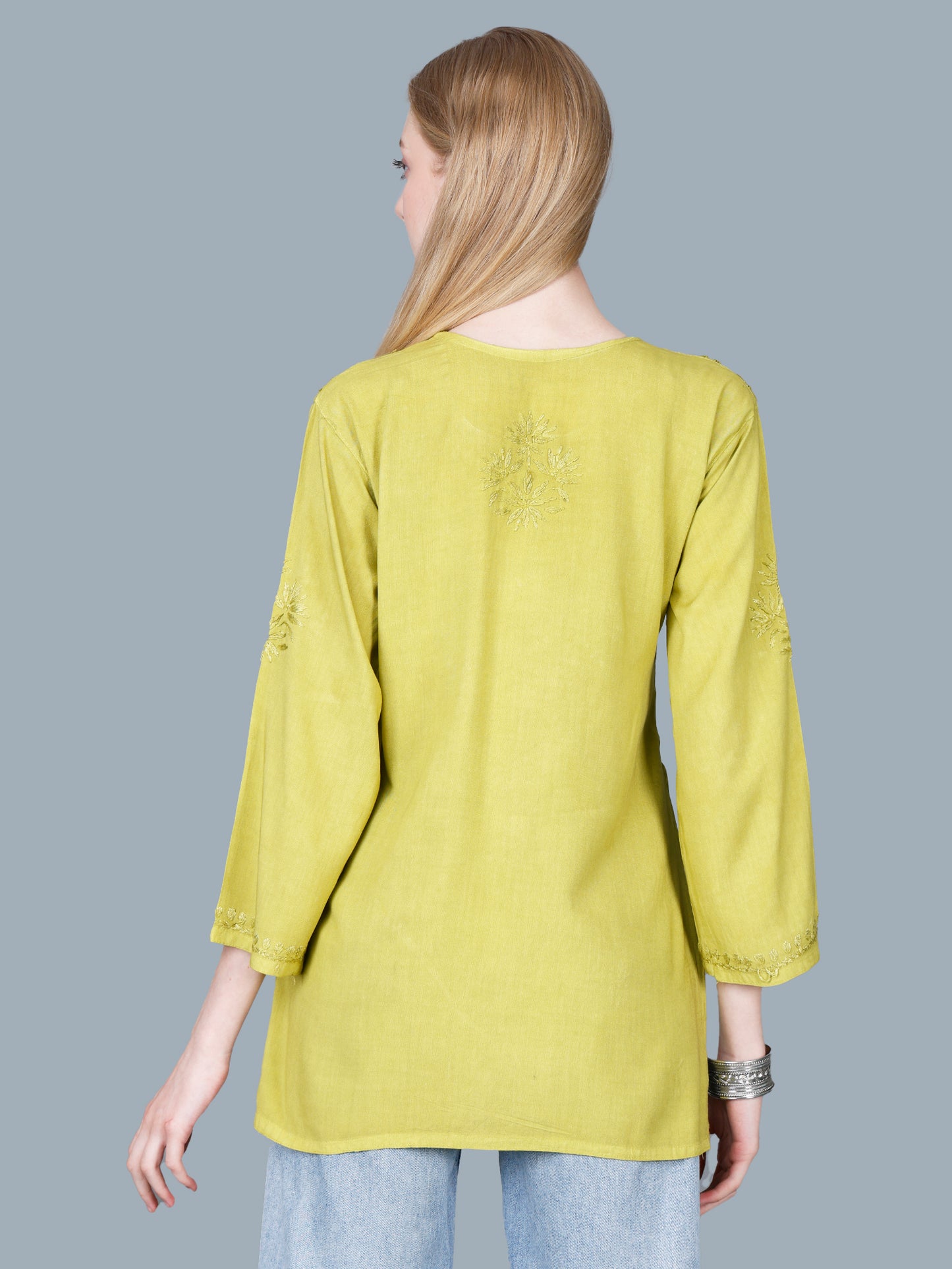 The Chikankari Story Women’s Lucknowi Hand-Embroidered Rayon Short Kurti – Available in Purple, Yellow, Brown,Blue, Pink and Black.