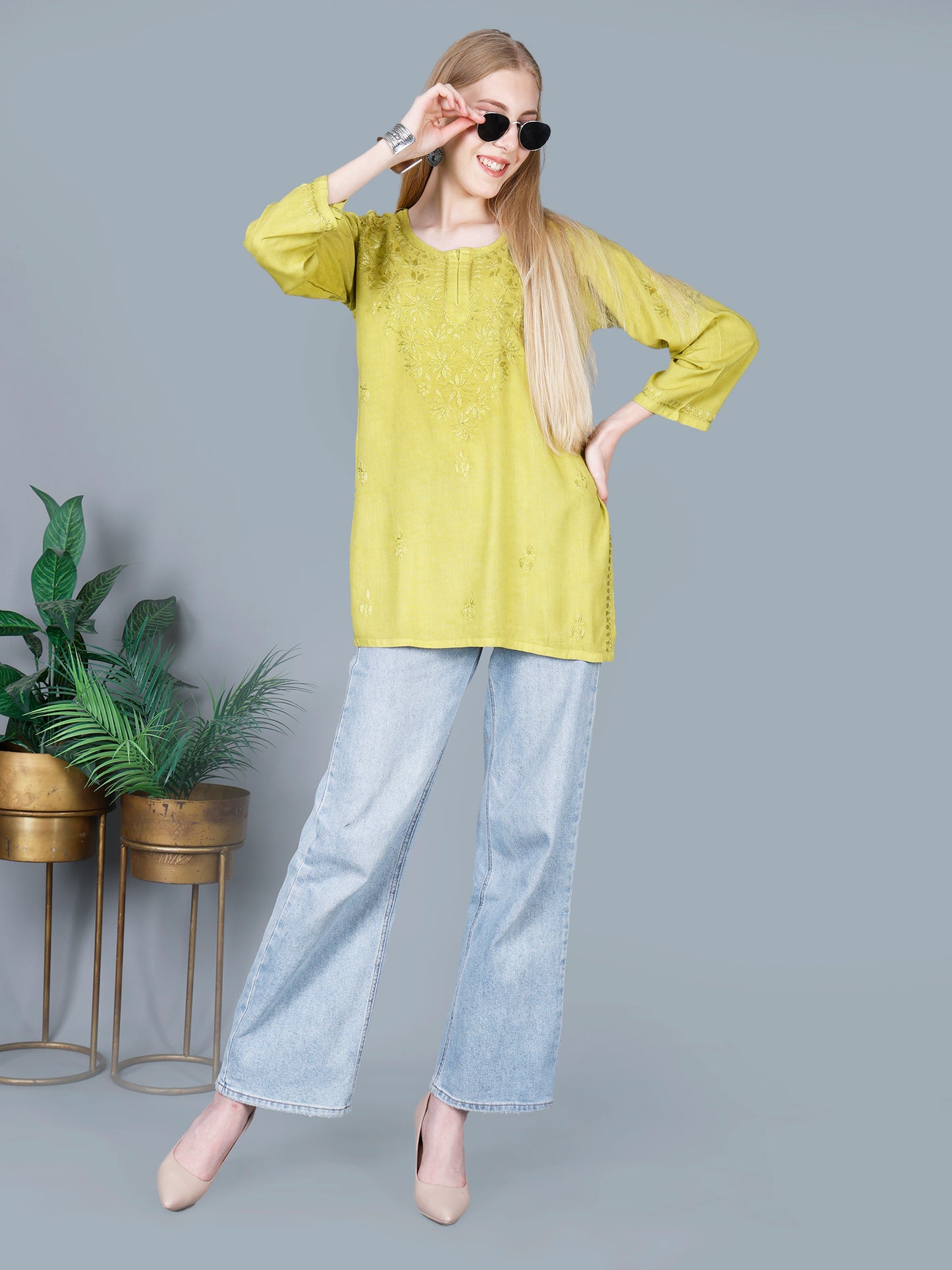 The Chikankari Story Women’s Lucknowi Hand-Embroidered Rayon Short Kurti – Available in Purple, Yellow, Brown,Blue, Pink and Black.