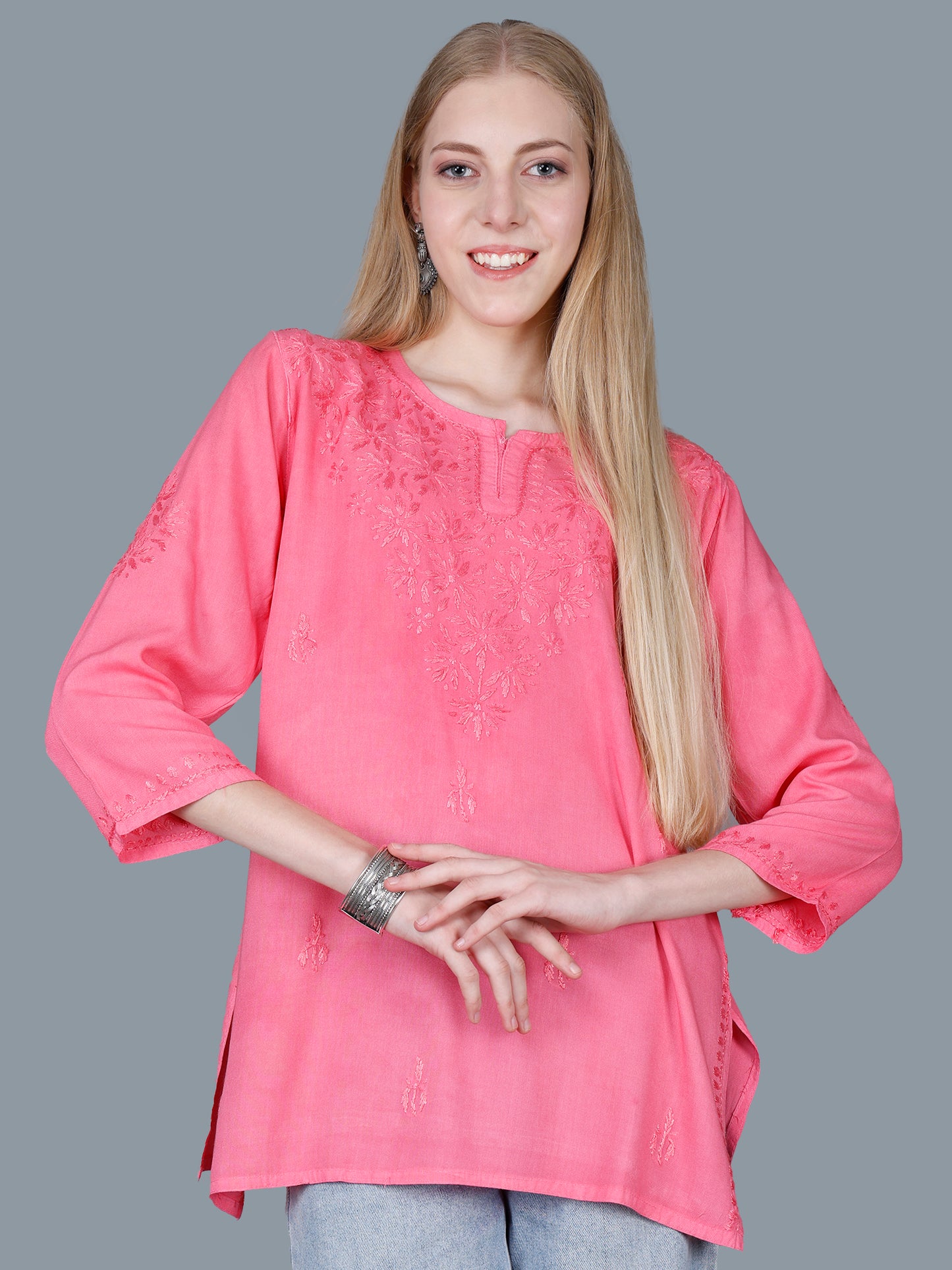 The Chikankari Story Women’s Lucknowi Hand-Embroidered Rayon Short Kurti – Available in Purple, Yellow, Brown,Blue, Pink and Black.