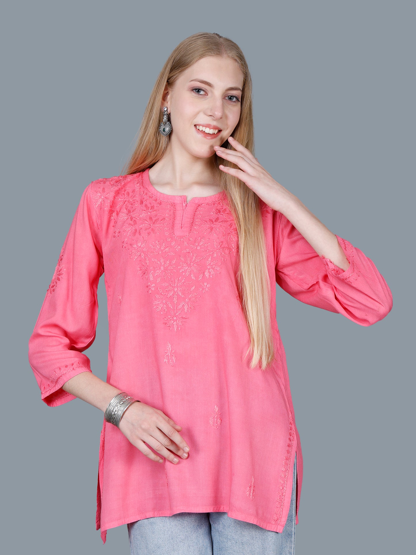 The Chikankari Story Women’s Lucknowi Hand-Embroidered Rayon Short Kurti – Available in Purple, Yellow, Brown,Blue, Pink and Black.