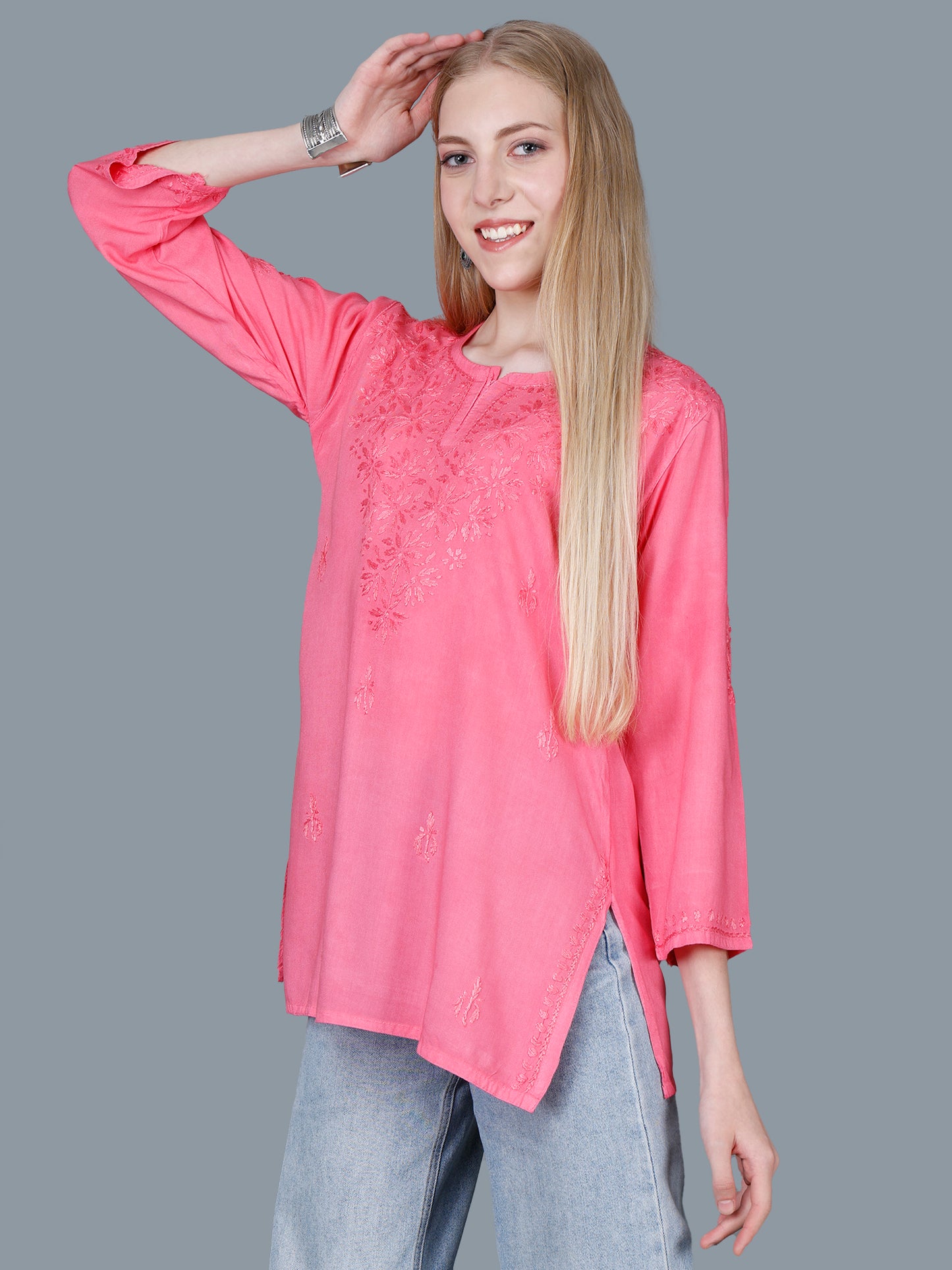 The Chikankari Story Women’s Lucknowi Hand-Embroidered Rayon Short Kurti – Available in Purple, Yellow, Brown,Blue, Pink and Black.