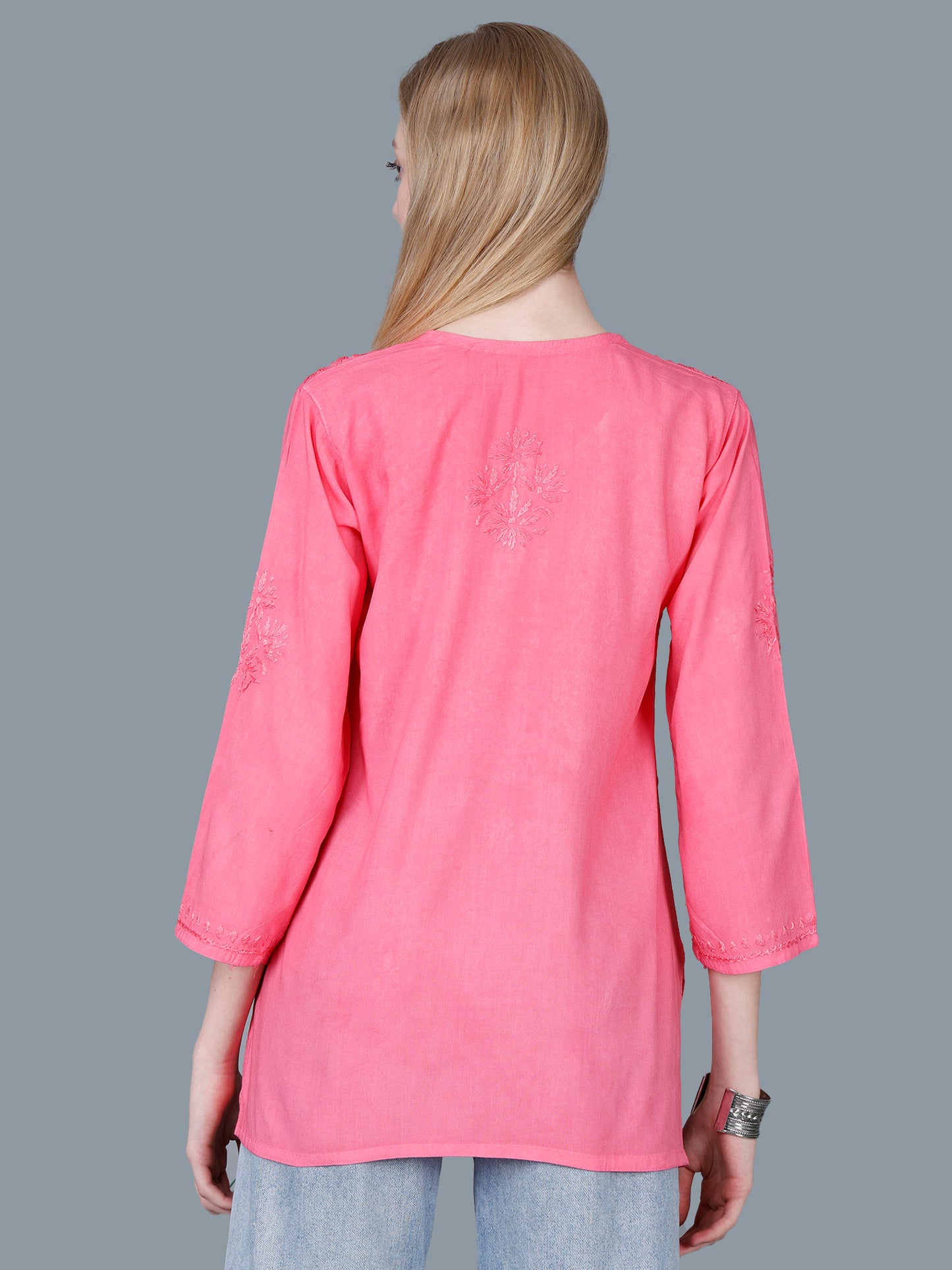 The Chikankari Story Women’s Lucknowi Hand-Embroidered Rayon Short Kurti – Available in Purple, Yellow, Brown,Blue, Pink and Black.