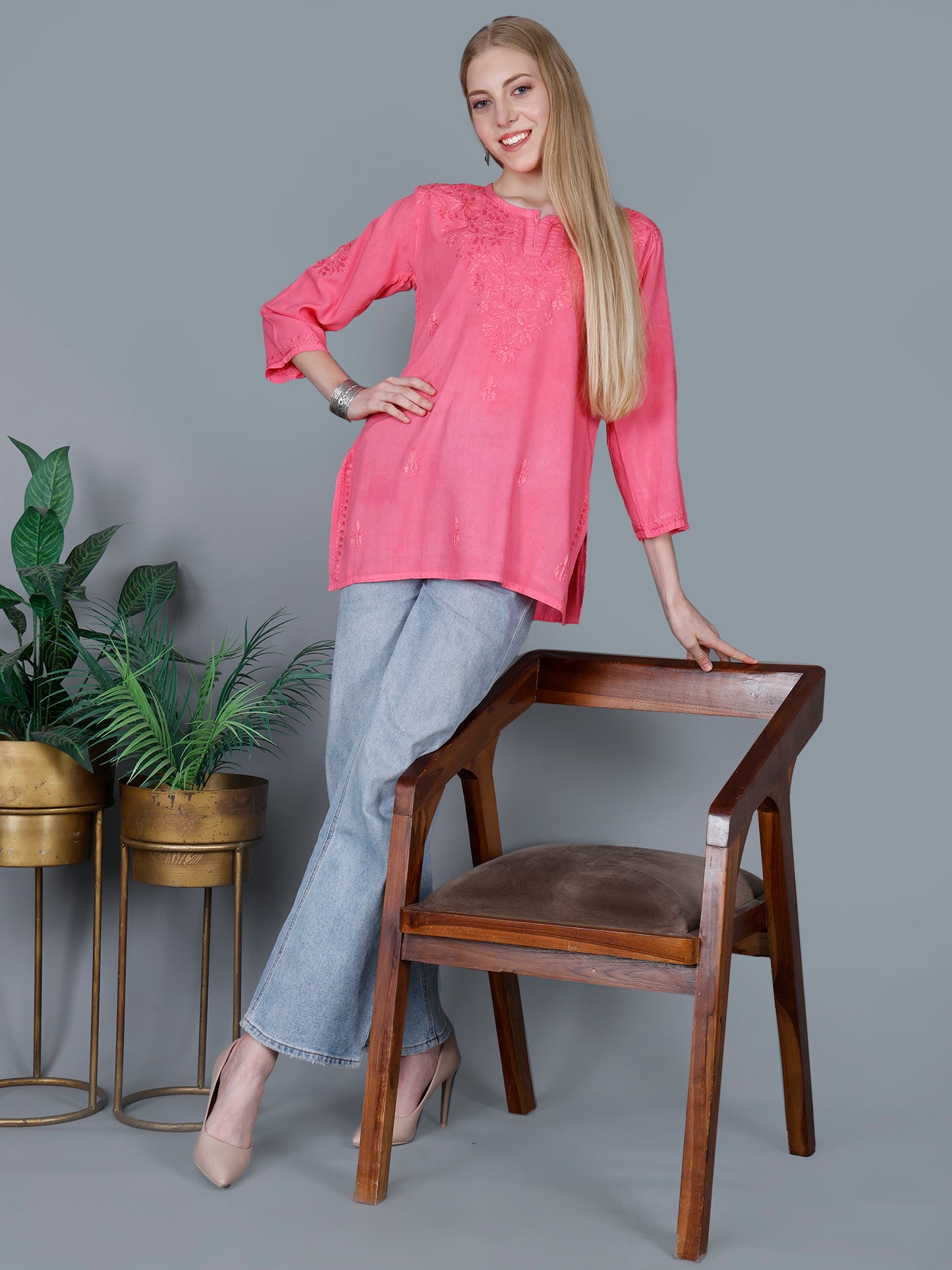 The Chikankari Story Women’s Lucknowi Hand-Embroidered Rayon Short Kurti – Available in Purple, Yellow, Brown,Blue, Pink and Black.