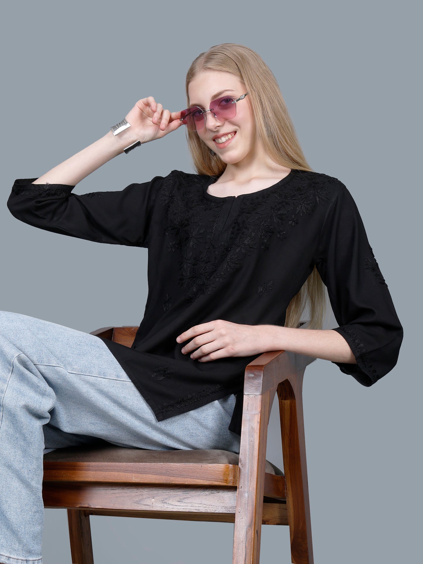 The Chikankari Story Women’s Lucknowi Hand-Embroidered Rayon Short Kurti – Available in Purple, Yellow, Brown,Blue, Pink and Black.
