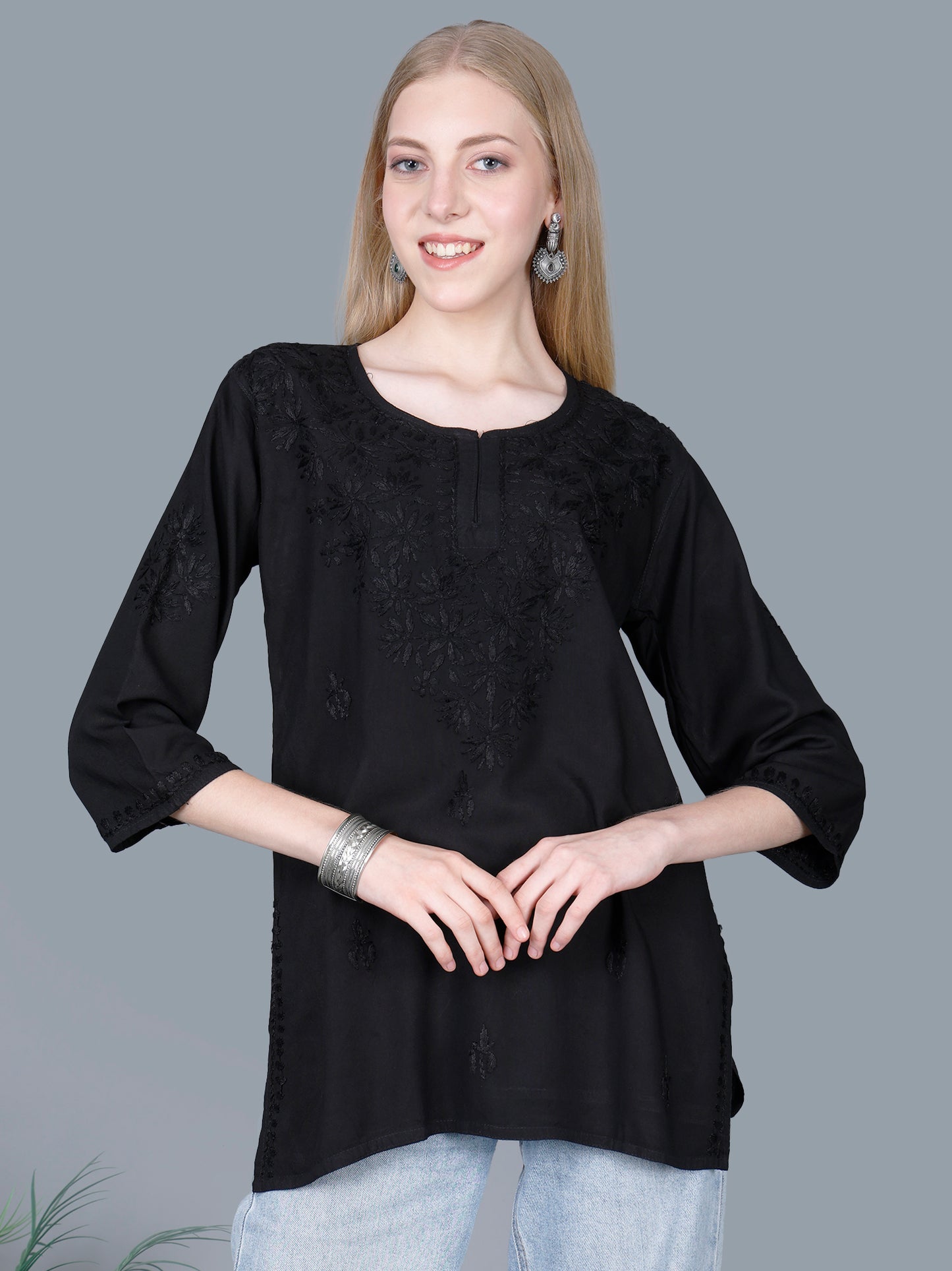 The Chikankari Story Women’s Lucknowi Hand-Embroidered Rayon Short Kurti – Available in Purple, Yellow, Brown,Blue, Pink and Black.
