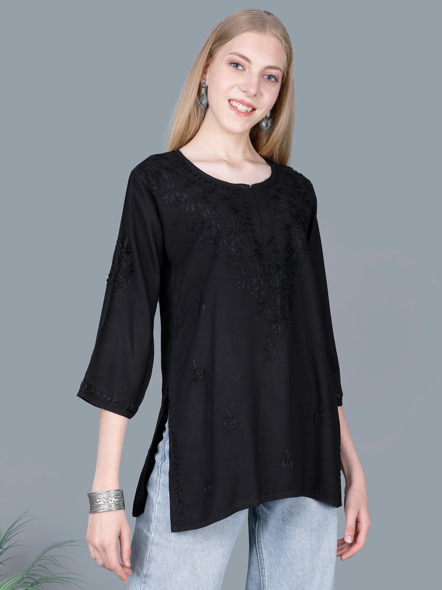 The Chikankari Story Women’s Lucknowi Hand-Embroidered Rayon Short Kurti – Available in Purple, Yellow, Brown,Blue, Pink and Black.