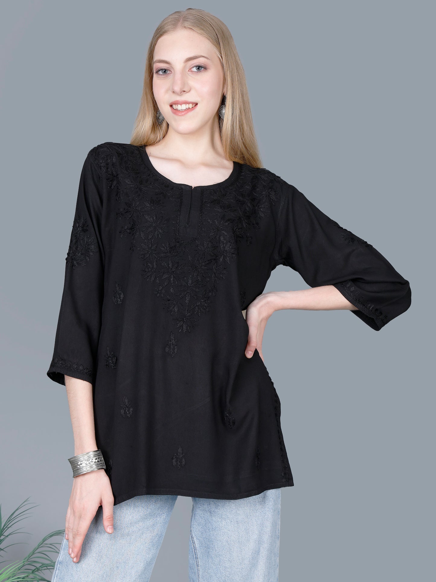 The Chikankari Story Women’s Lucknowi Hand-Embroidered Rayon Short Kurti – Available in Purple, Yellow, Brown,Blue, Pink and Black.