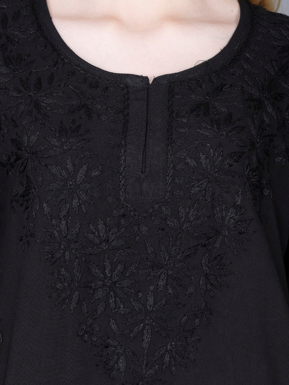 The Chikankari Story Women’s Lucknowi Hand-Embroidered Rayon Short Kurti – Available in Purple, Yellow, Brown,Blue, Pink and Black.