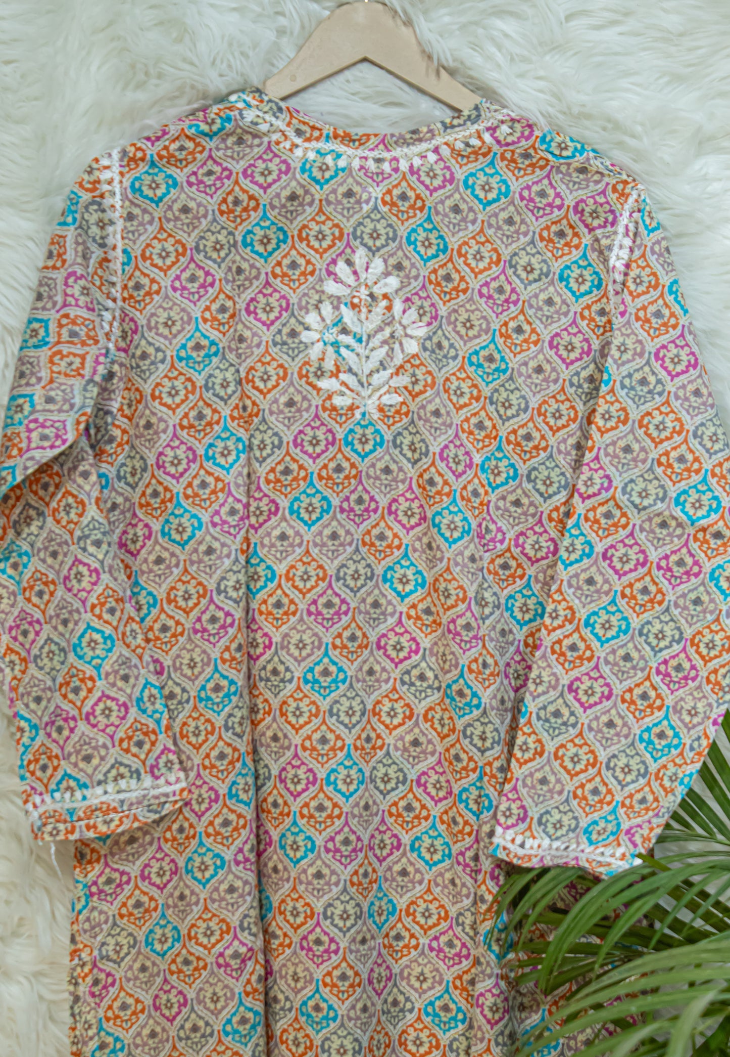 The Chikankari Story: Colorful Elegance, Hand-Embroidered Printed Mulmul Cotton Kurti in Cyan, Beige, Green & Orange