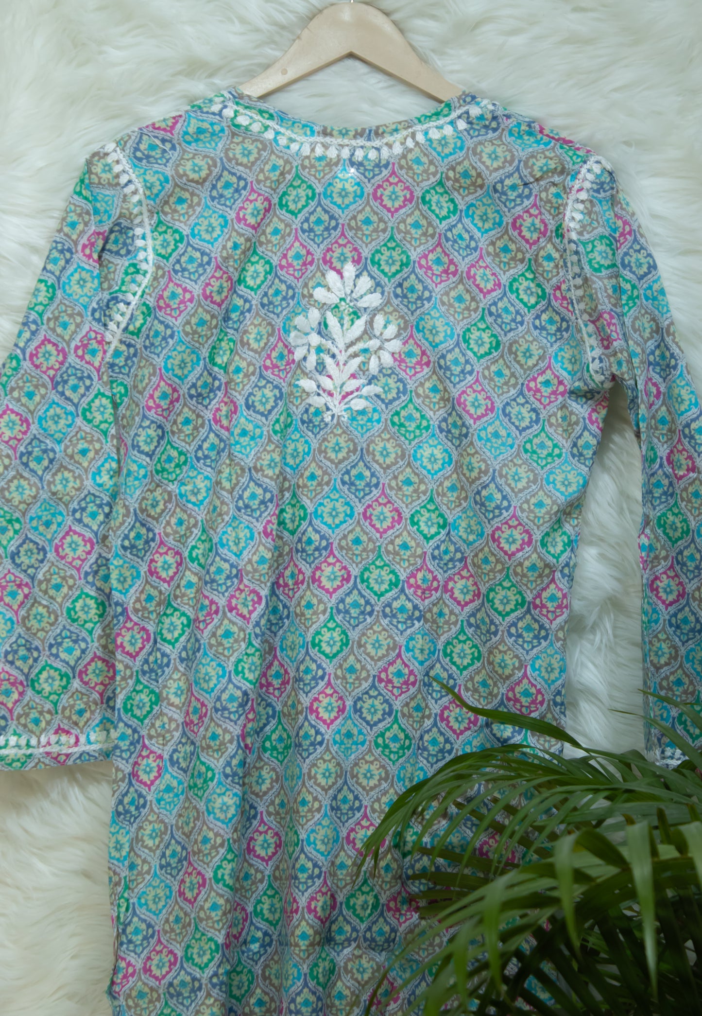 The Chikankari Story: Colorful Elegance, Hand-Embroidered Printed Mulmul Cotton Kurti in Cyan, Beige, Green & Orange
