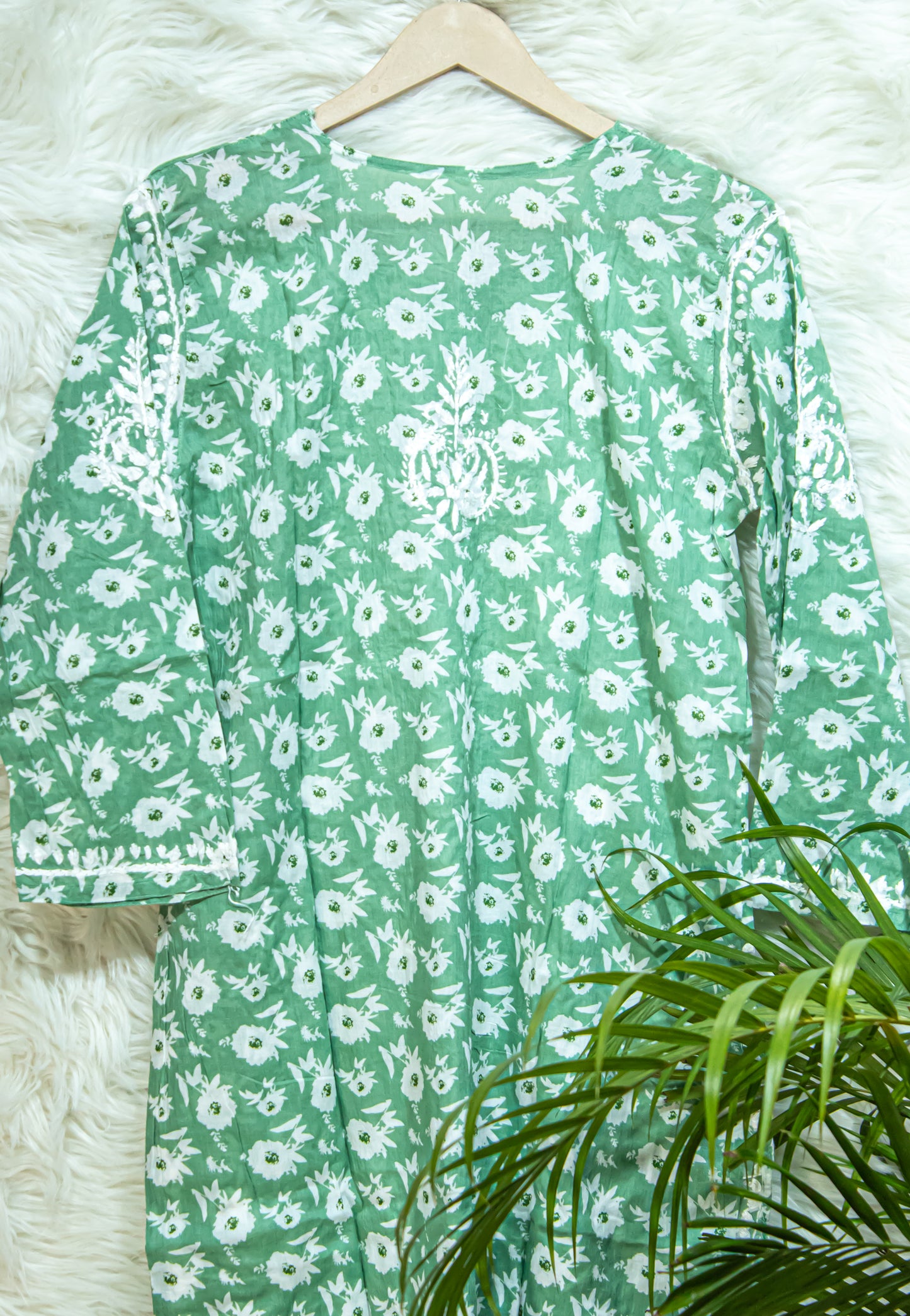 The Chikankari Story: Colorful Elegance, Hand-Embroidered Printed Mulmul Cotton Kurti in Cyan, Yellow, Green & Pink