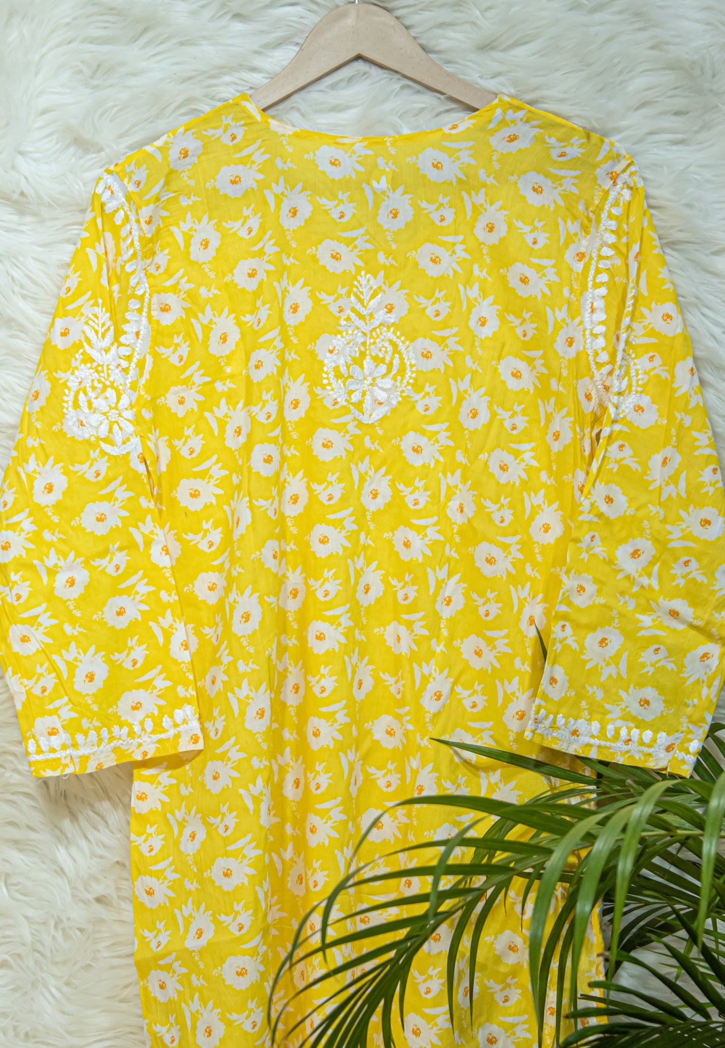 The Chikankari Story: Colorful Elegance, Hand-Embroidered Printed Mulmul Cotton Kurti in Cyan, Yellow, Green & Pink