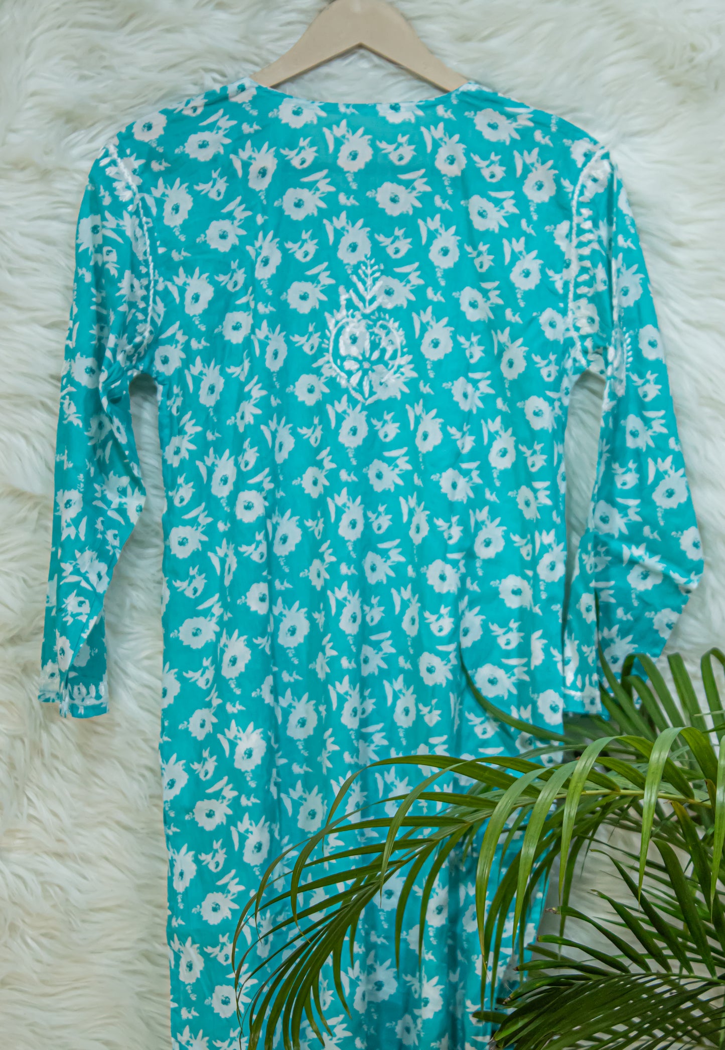 The Chikankari Story: Colorful Elegance, Hand-Embroidered Printed Mulmul Cotton Kurti in Cyan, Yellow, Green & Pink