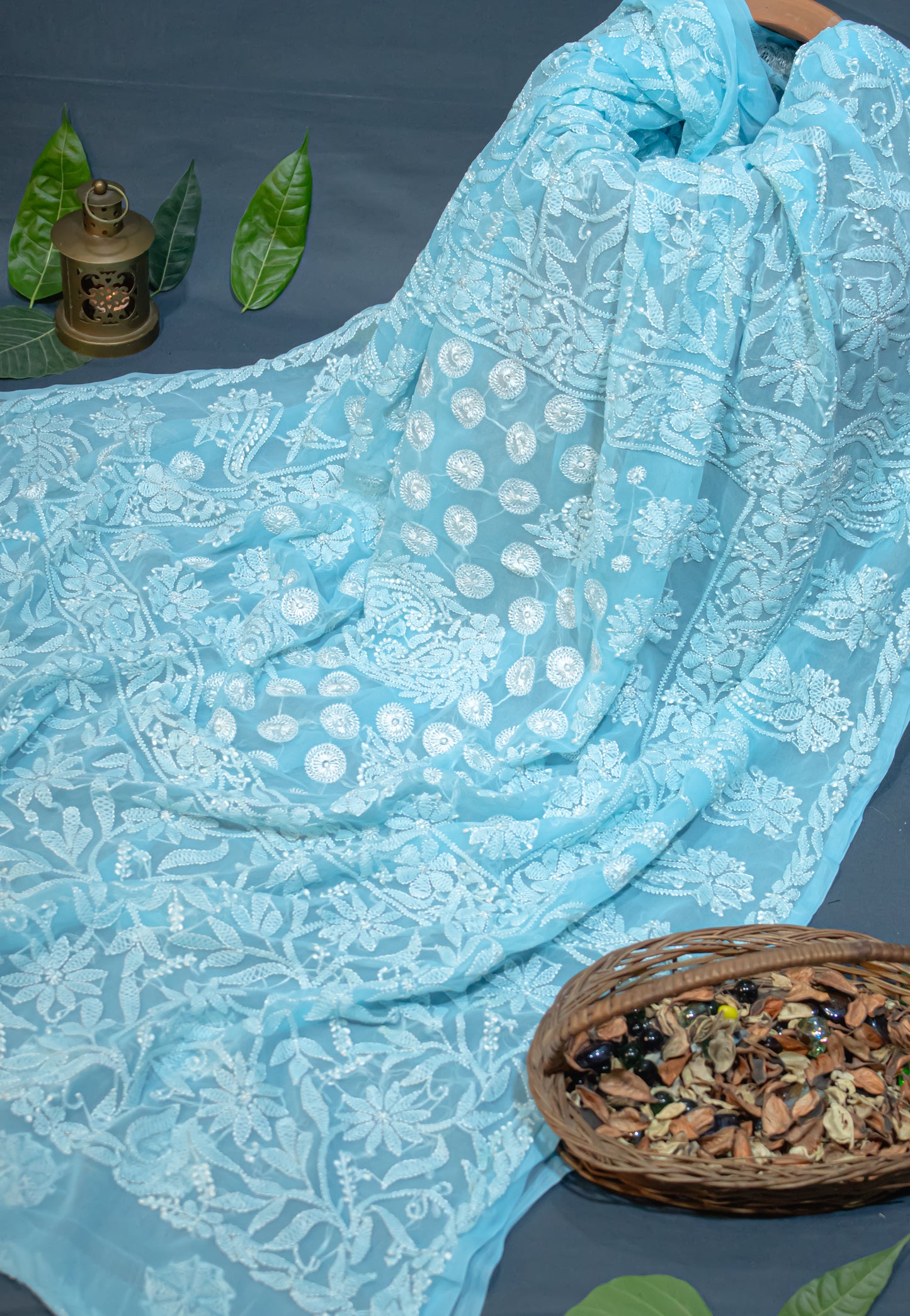 The Chikankari Story: Elegant Chikankari Hand Embroidered Georgette Saree with Bakhiya Work – 5.4 Meter Saree with 0.9 Meter Blouse Piece Full Body Embrodery