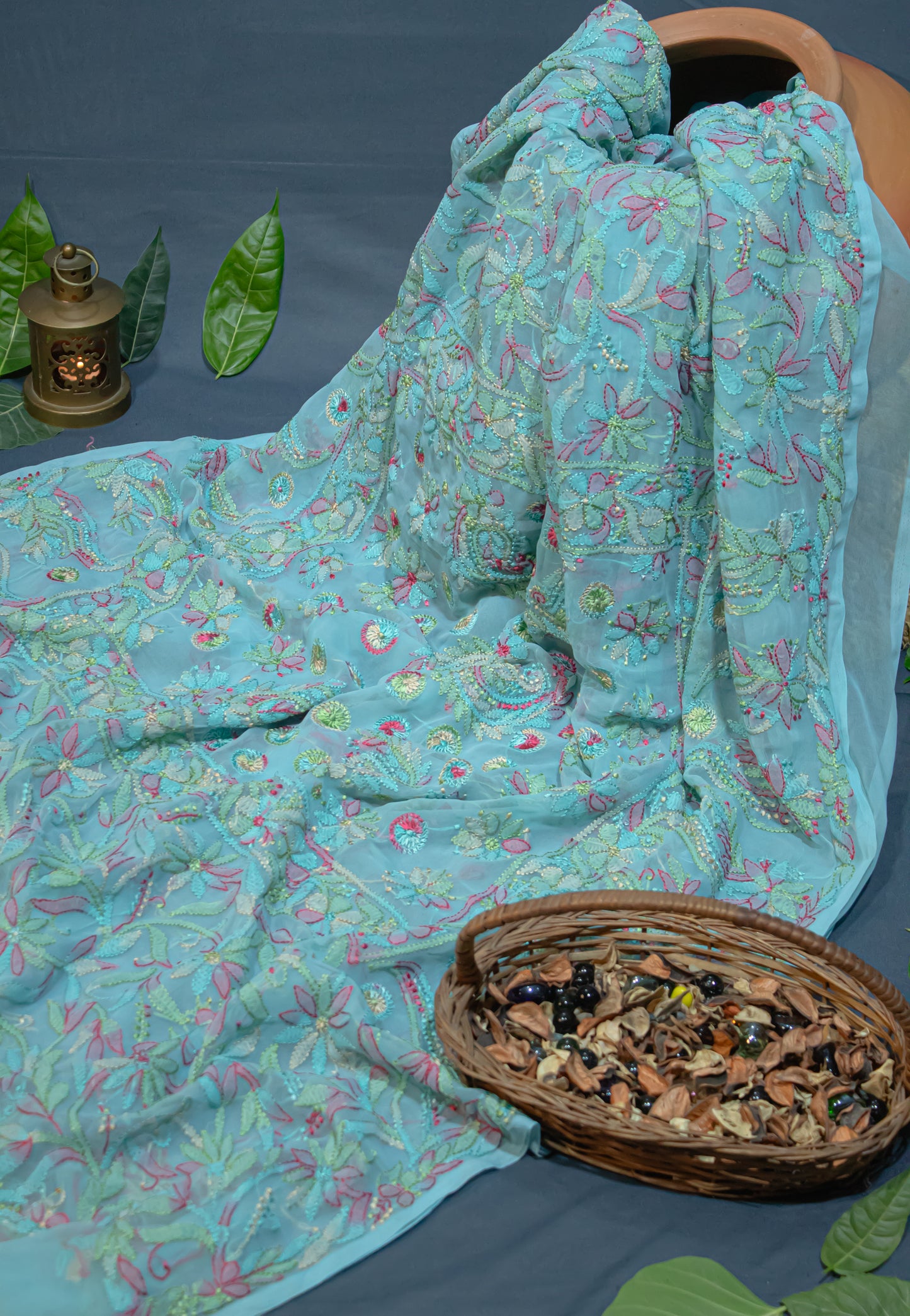 The Chikankari Story: Elegant Chikankari Hand Embroidered Georgette Saree with Bakhiya Work – 5.4 Meter Saree with 0.9 Meter Blouse Piece Full Body Embrodery