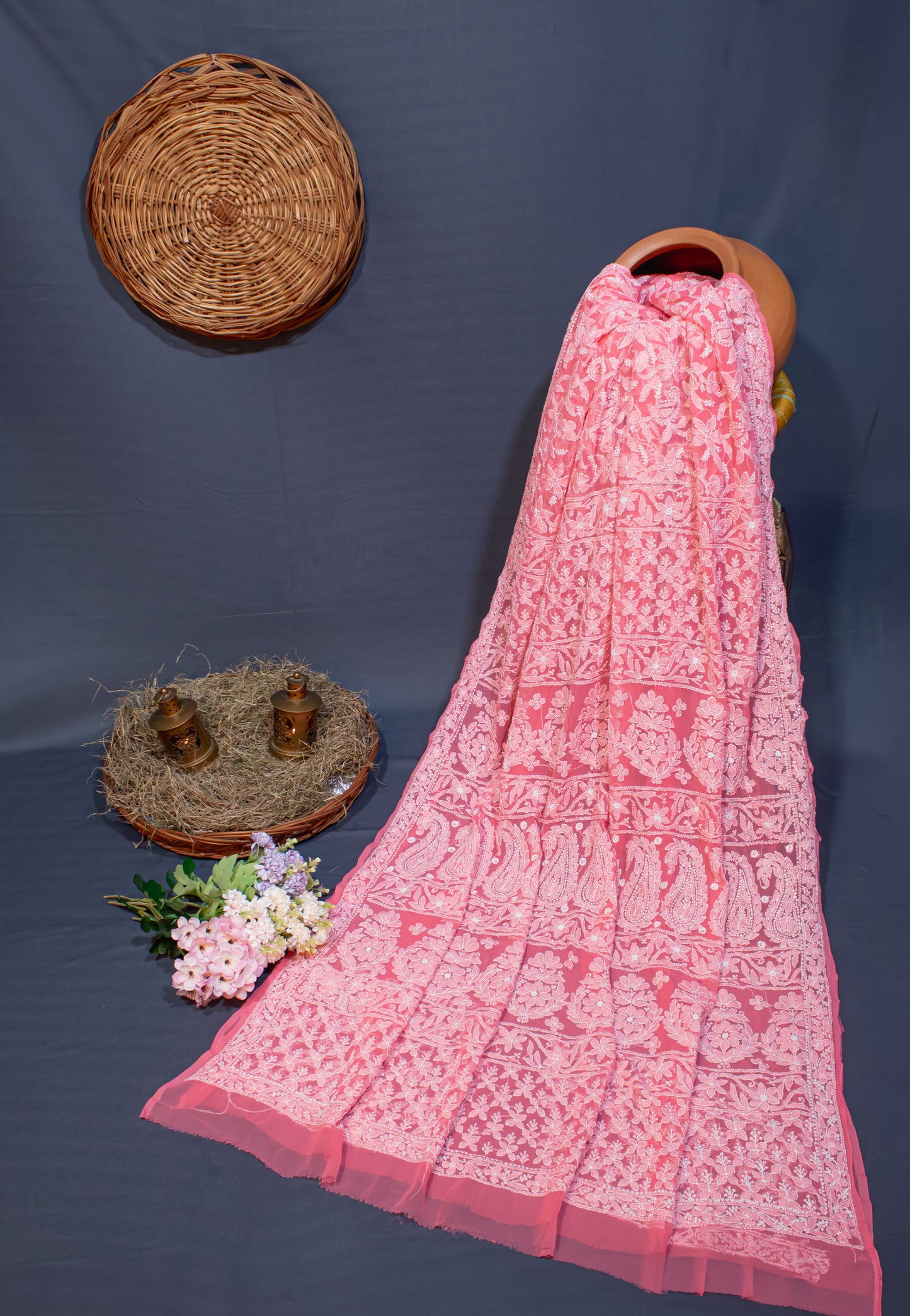 The Chikankari Story Elegant Chikankari Hand Embroidered Georgette Saree with Bakhiya Work – 5.4 Meter Saree with 0.9 Meter Blouse Piece Full Body Embrodery.