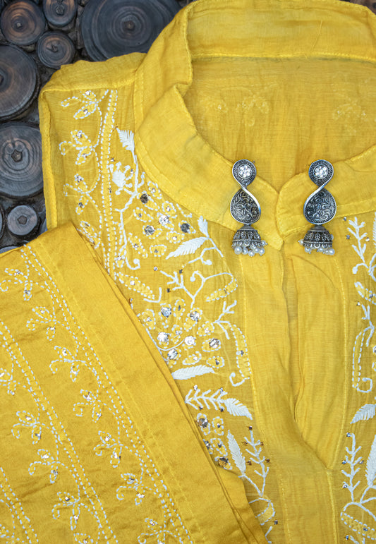 The Chikankari Story: Pure Mul Chanderi Semi-Stitched Co-ord Set: Hand Embroidered Chikankari with Mukaish Detailing, Chanderi Cotton Palazzo