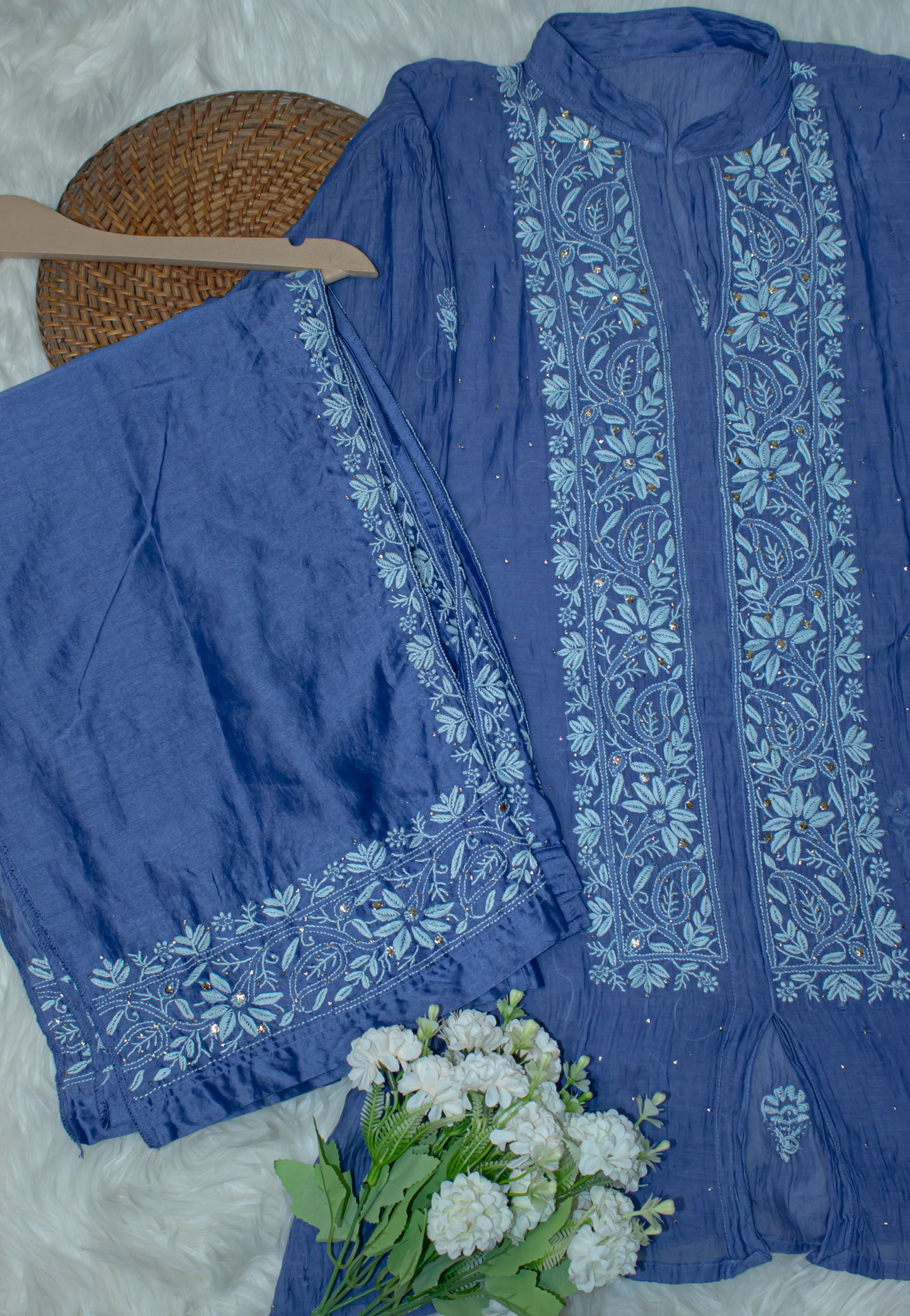 The Chikankari Story: Pure Mul Chanderi Semi-Stitched Co-ord Set: Hand Embroidered Chikankari with Mukaish Detailing, Chanderi Cotton Palazzo