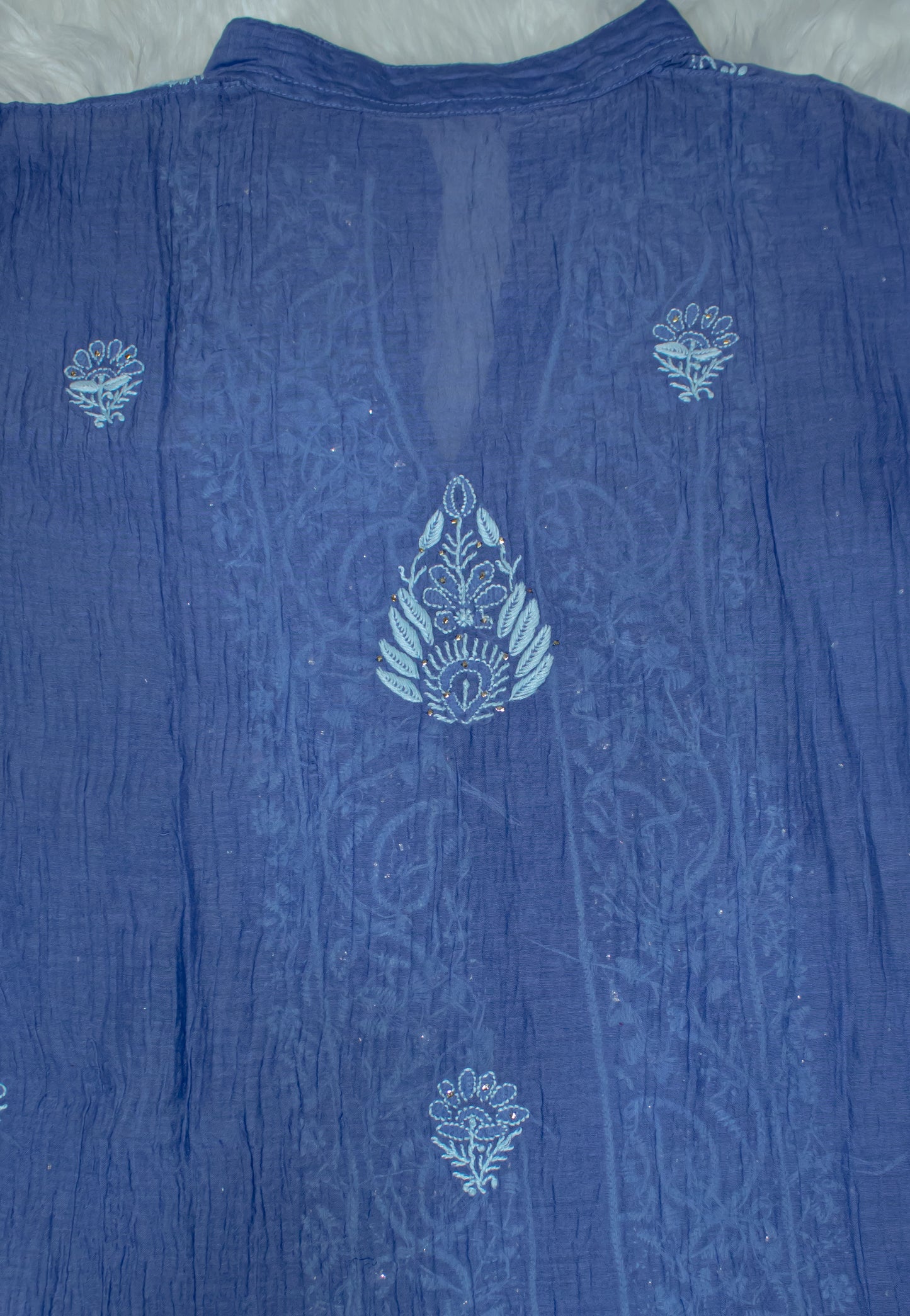 The Chikankari Story: Pure Mul Chanderi Semi-Stitched Co-ord Set: Hand Embroidered Chikankari with Mukaish Detailing, Chanderi Cotton Palazzo