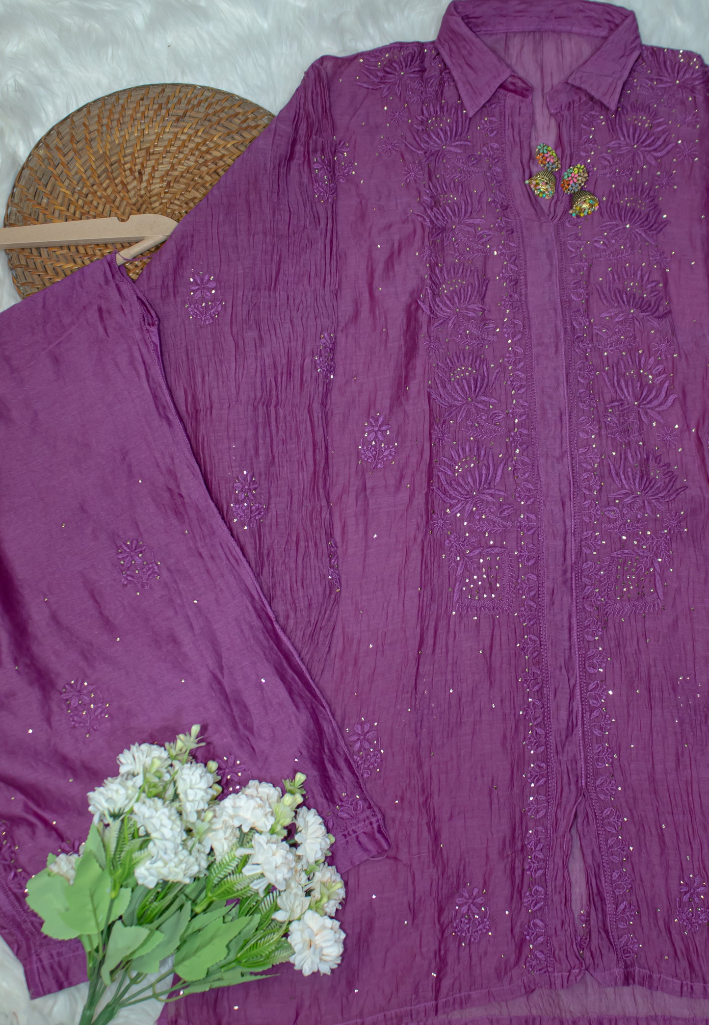 The Chikankari Story: Pure Mul Chanderi Semi-Stitched Co-ord Set: Hand Embroidered Chikankari with Mukaish Detailing, Chanderi Cotton Palazzo