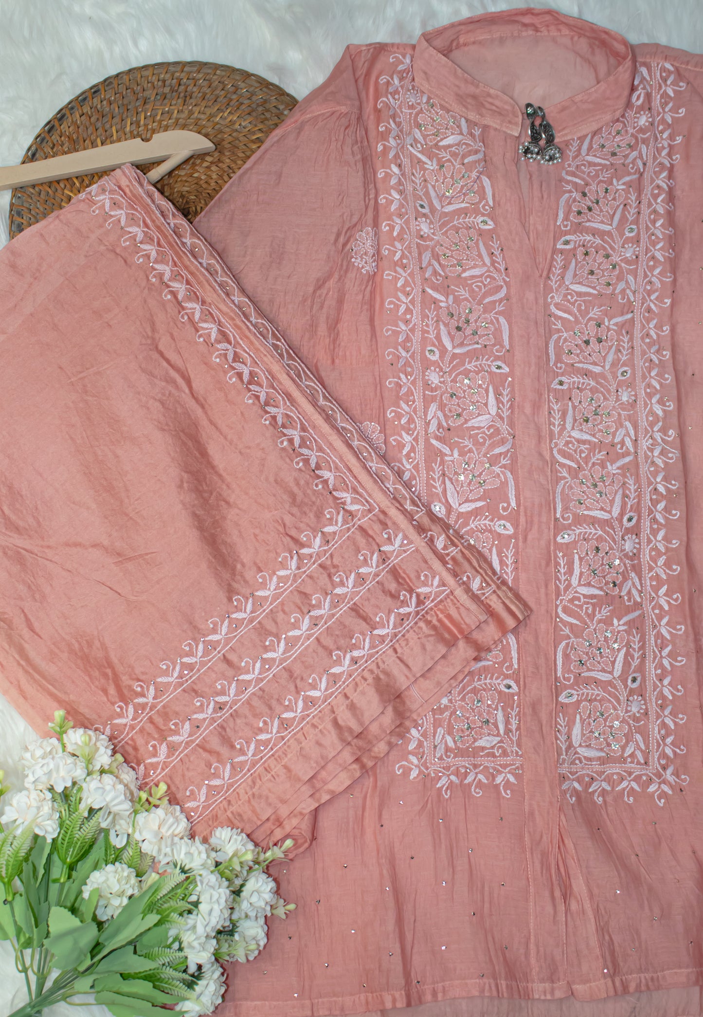 The Chikankari Story: Pure Mul Chanderi Semi-Stitched Co-ord Set: Hand Embroidered Chikankari with Mukaish Detailing, Chanderi Cotton Palazzo