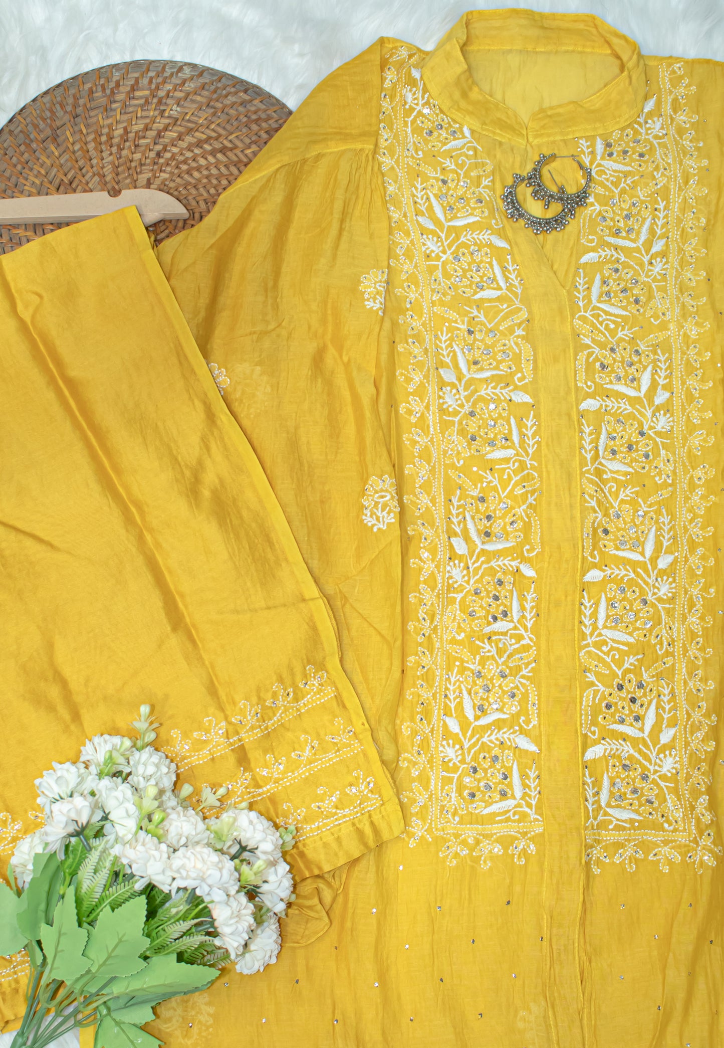 The Chikankari Story: Pure Mul Chanderi Semi-Stitched Co-ord Set: Hand Embroidered Chikankari with Mukaish Detailing, Chanderi Cotton Palazzo
