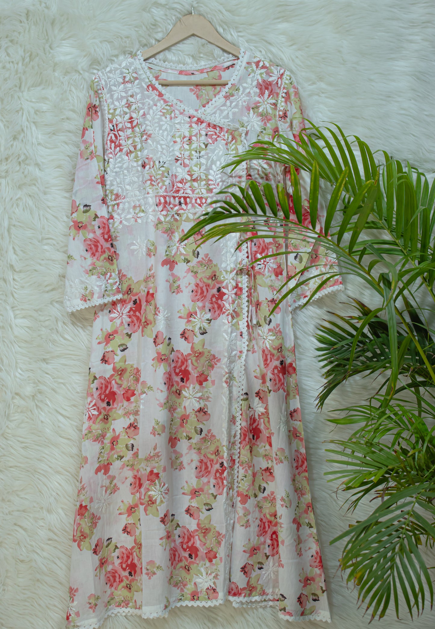 The Chikankari Story: Angrakha Pure Printed Mulmul Fabric with Hand Embroidery - Lakhnavi Angrakha in Four Colors Yellow, pink,red and cyan